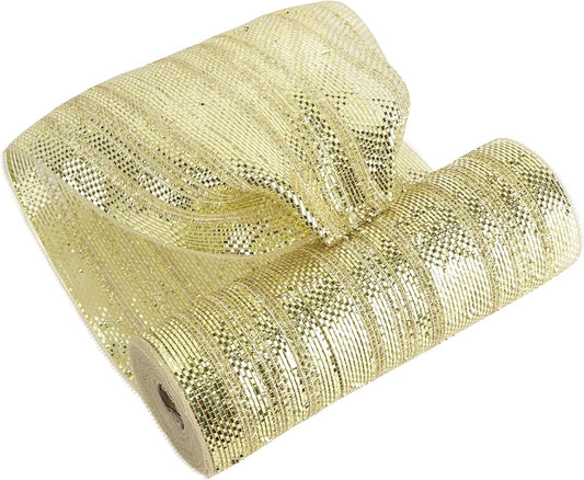 MEEDEE Champagne Deco Mesh 10 Inch Deluxe Wide Foil Metallic Mesh with Gold Tinsel Champagne Gold Mesh Ribbon for Christmas Tree, Wreaths, Garland, Gift Wrapping, Bows Making (30 Feet)