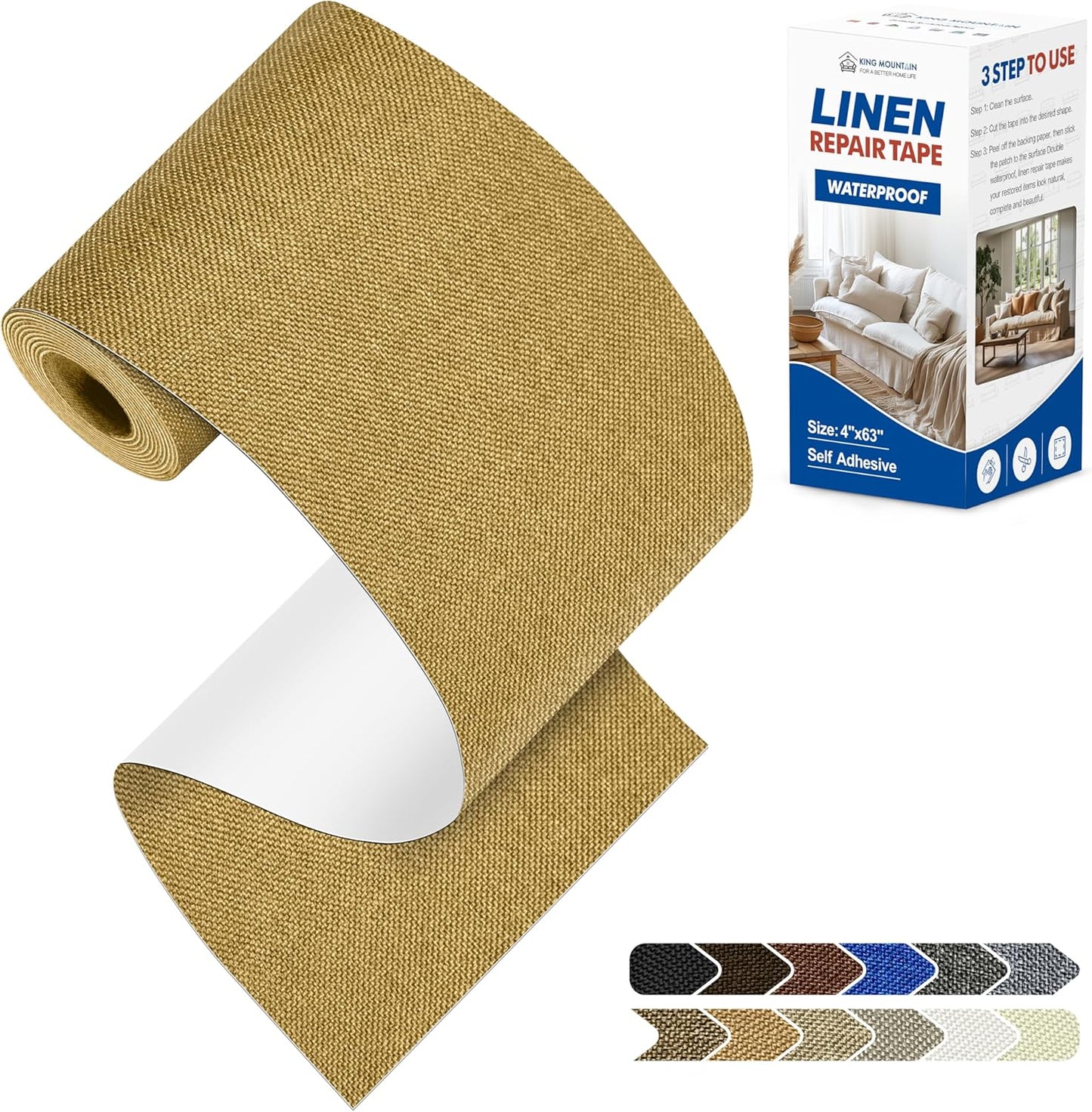 KING MOUNTAIN Linen Repair Patches, Self-Adhesive Linen Fabric Patches, 4 X 63 inch Extra Size, Multi Color, Can be Used for Linen Sofa Repair and Linen Clothes Repair (Yellow)