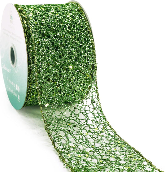 CT CRAFT LLC Sparkling Glitter Mesh Wired Ribbon 2.5" x 10 Yards Green for Christmas Home Decor Bow Gift Wrapping DIY Crafts Wreath