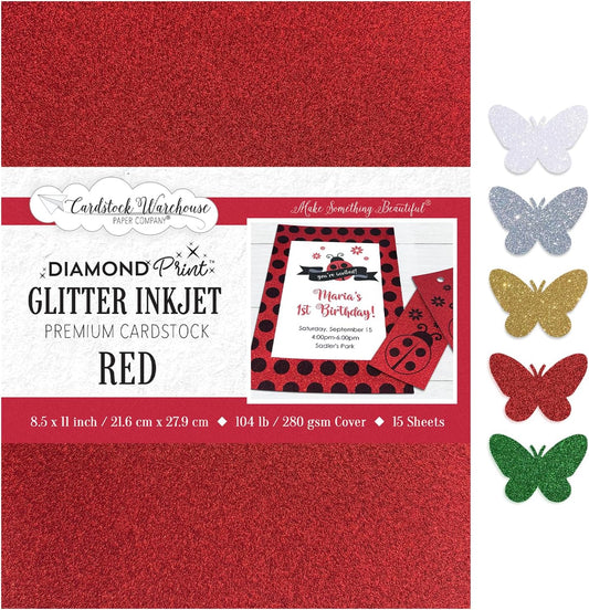 Cardstock Warehouse Diamond Print Inkjet Glitter - Premium Red Glitter Cardstock Paper – 15 Sheets, 8.5 x 11" - 104 lb/280 GSM for Inkjet Printing, Die-Cutting, Card Making, Crafts, and DIY Projects