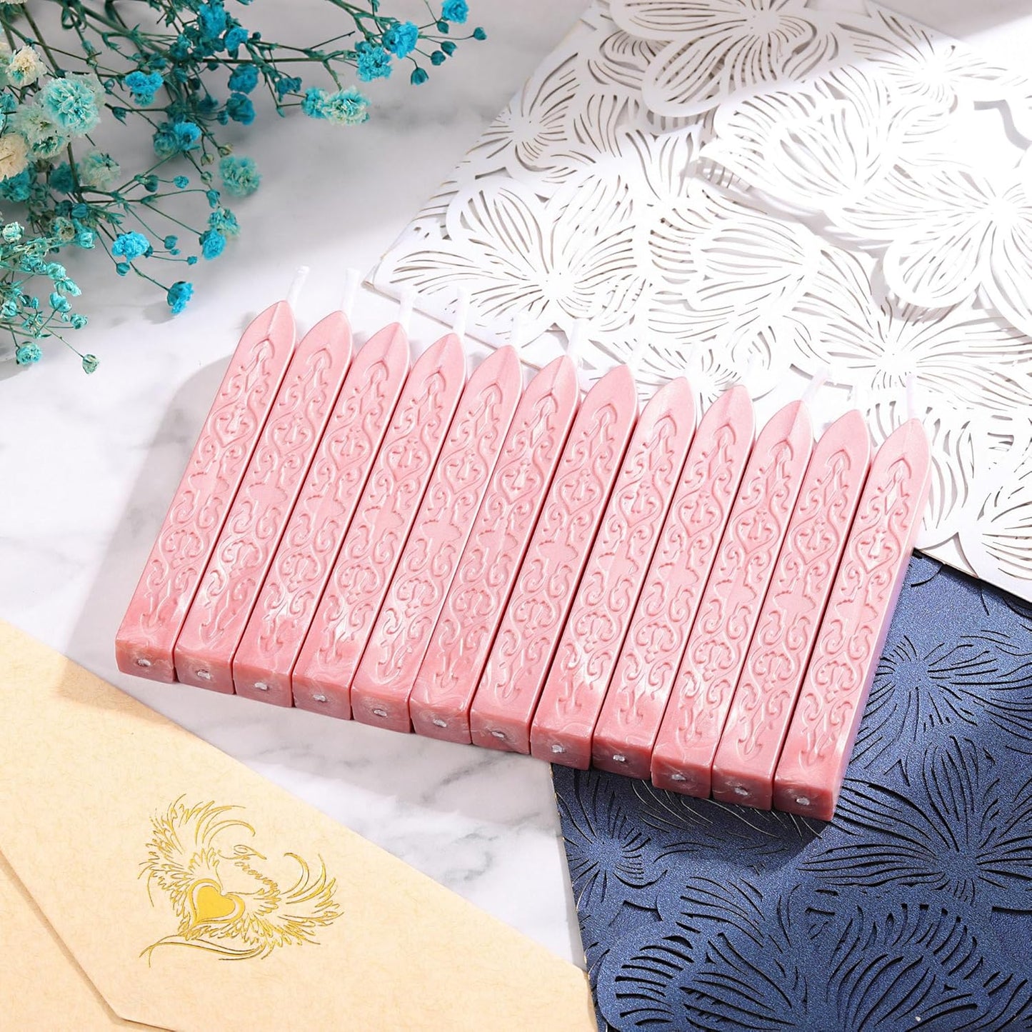 Yoption 12 Pcs Rose Gold Sealing Wax Sticks with Wicks for Wax Seal Stamp, Wedding Invitations, Gift Wrapping, Christmas