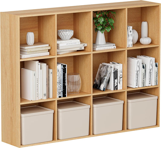 Wooden Cube Storage Organizer with Closed Back Panel, 11in Cube Shelf Opening, Bookshelf, Display Shelf,Closet Cabinet for Home and Office (Natural Oak, 12-Cube 35.98L*9.45W*47.72H)