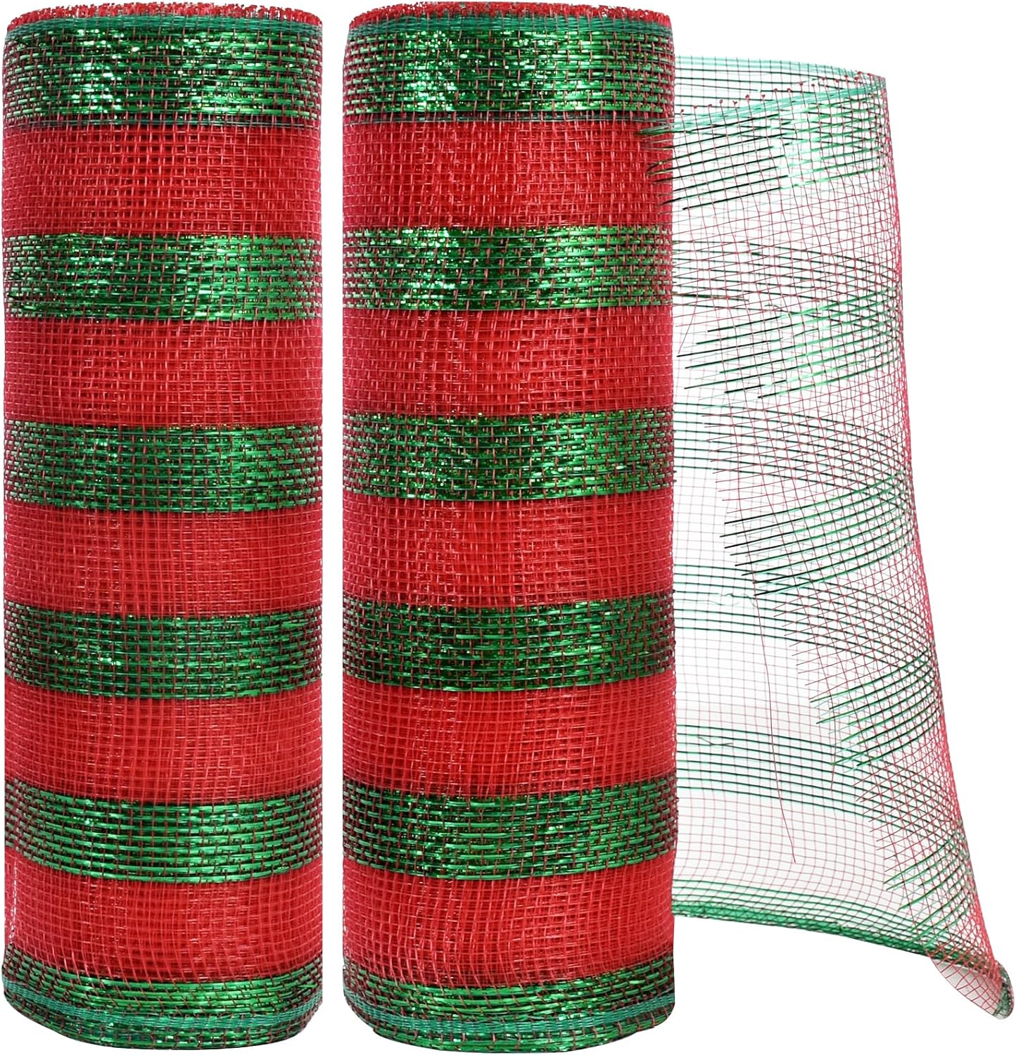 TONIFUL 2 Roll 10 Inch Red and Green Striped Decorative Mesh Ribbon Rolls for Indoor Decor Christmas Valentine's Halloween Party Accessories Party Decoration Supplies (10yds/roll)