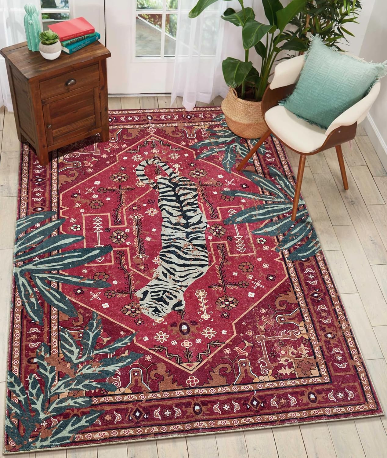 Tribal Rugs Summer Tropical 4x6 Area Rugs Wine Red Traditional Boho Vintage Oriental Rug Carpet for Bedroom Kitchen Dining Living Room Indoor Entryway Washable