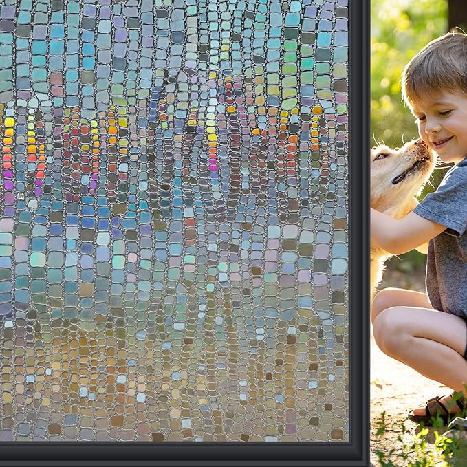 Windimiley Rainbow Window Privacy Film, 3D Stained Glass Christmas Decorative Window Clings, UV Heat Blocking Holographic Prism Stickers for Home (17.5 x 78.7In,Brown)