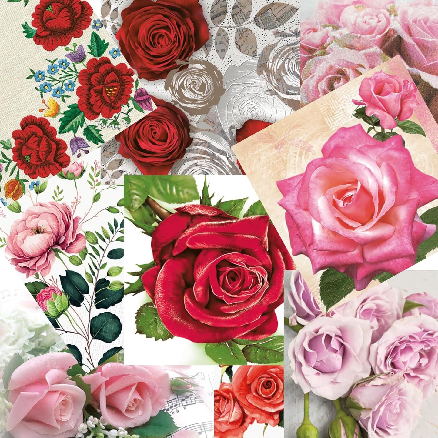 Mystery Pack Decoupage Paper Napkins, 20-ct Assorted Surprise Napkins, Decorative Napkins Roses Floral Flowers for Art Craft Junk Journal, 20 Different Designs