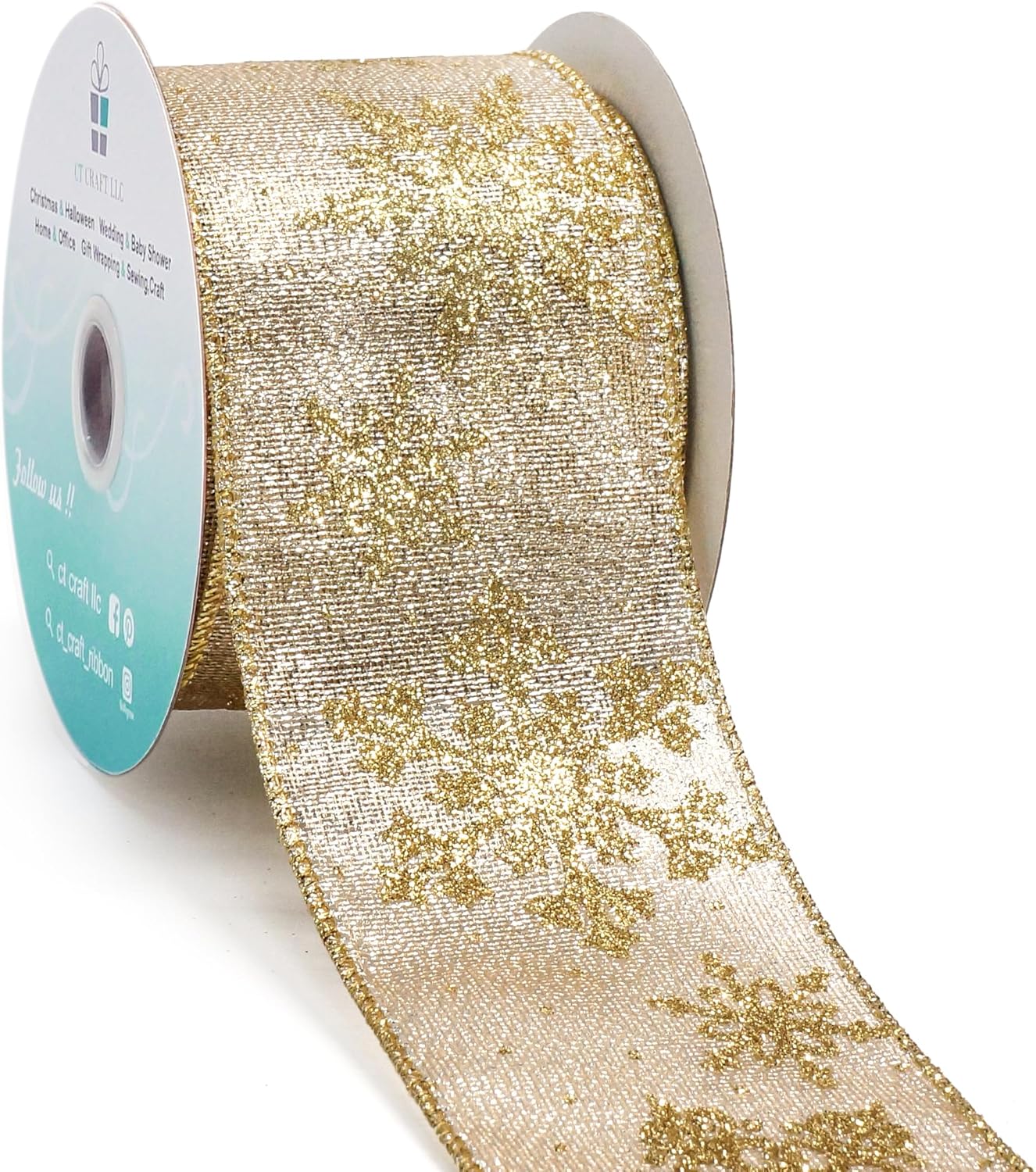 CT CRAFT LLC Champagne Gold Metallic Fabric with Gold Snowflake Wired Ribbon 2.5 Inch x 10 Yards for Christmas Home Decor Tree Topper Bow Gift Wrapping DIY Crafts Wreath Garland