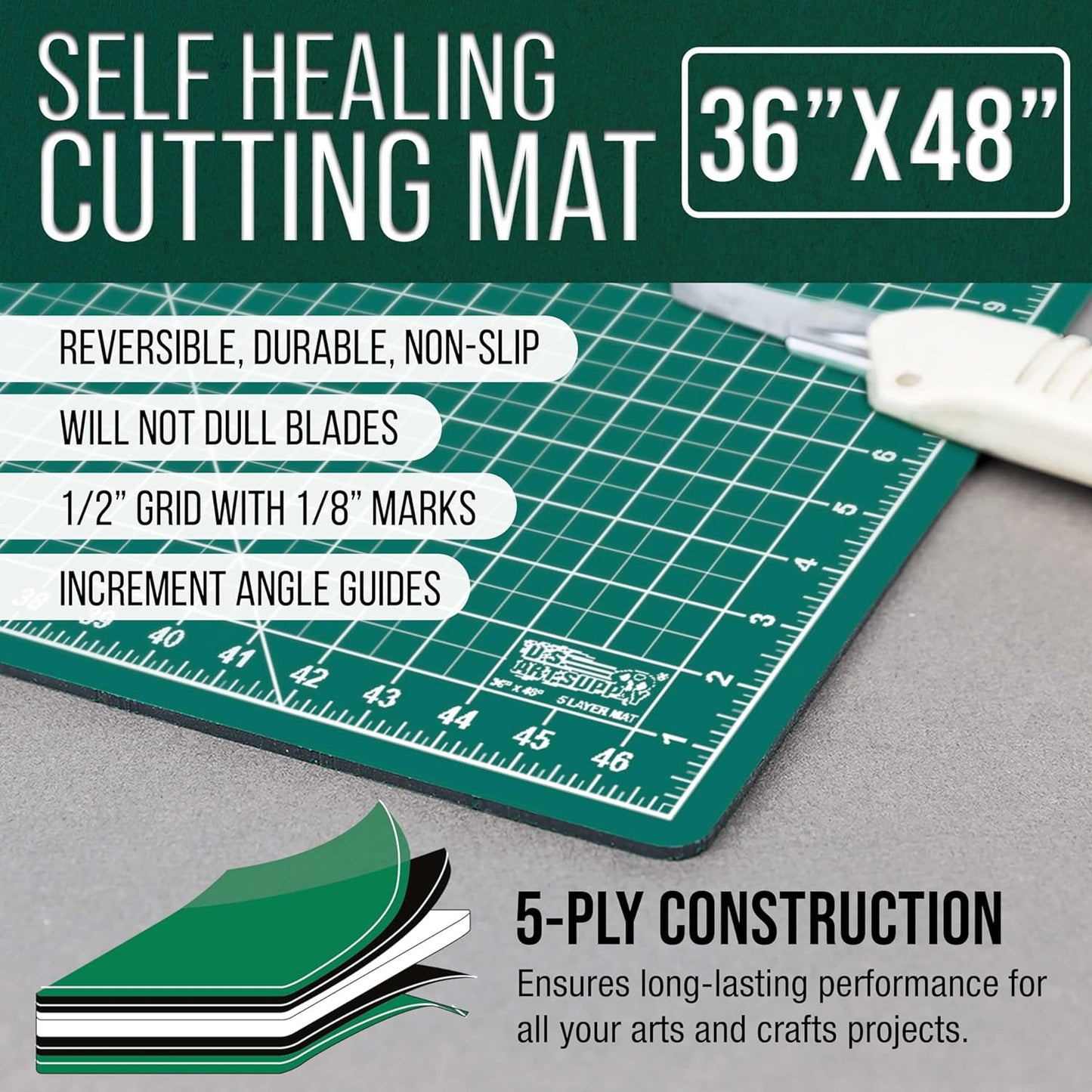 U.S. Art Supply 36" x 48" Self-Healing Cutting Mat 5-Ply - Double-Sided Green/Black Craft Mat, Non-Slip Cutting Mats for Crafts, Sewing, Quilting, Scrapbooking