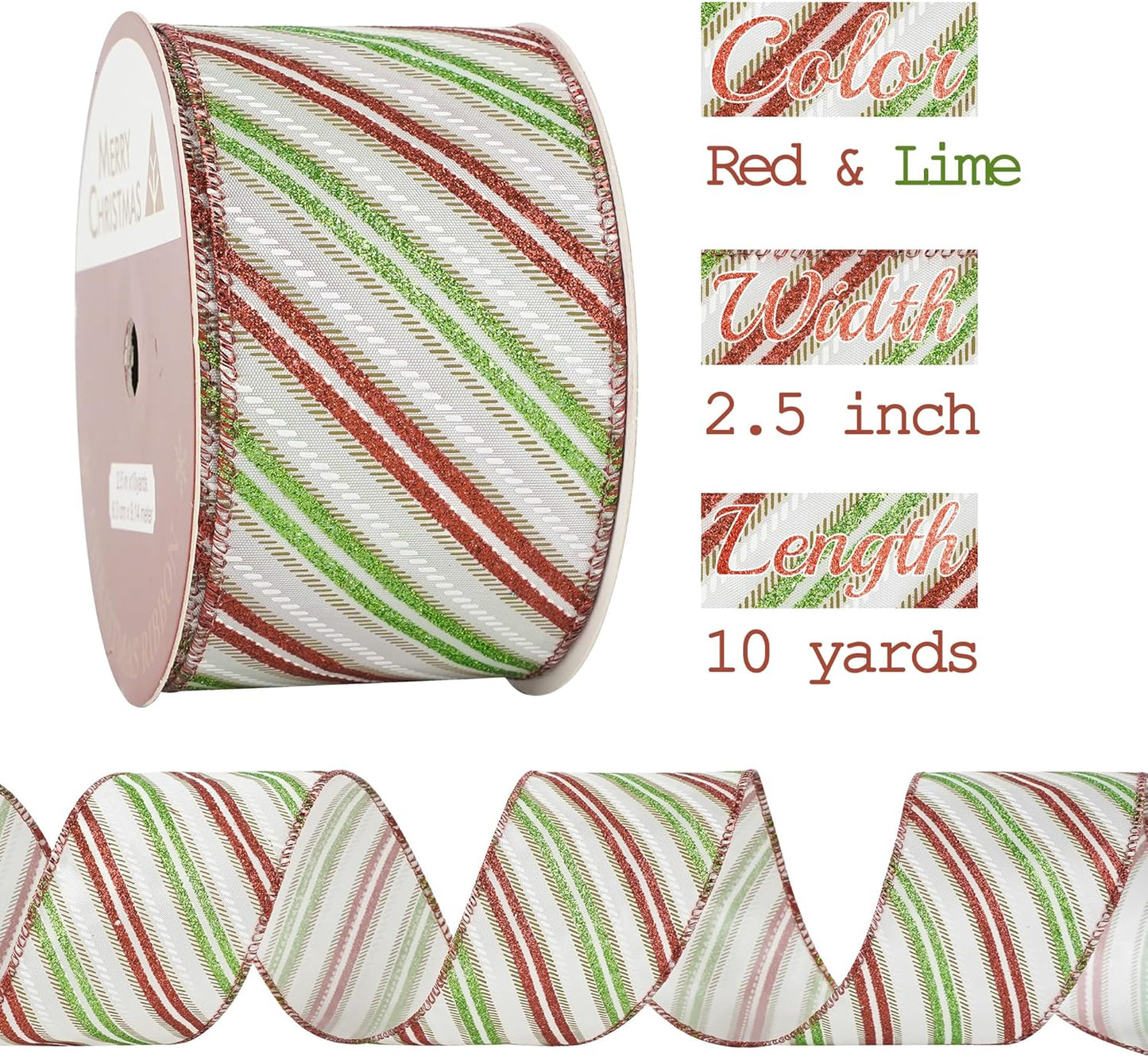 MEEDEE Red and Green Diagonal Striped Ribbon 2.5 Inch White Satin with Lime Green and Red Glitter Wired Ribbon for Christmas Tree, Garlands, Wreaths, Topper Bow (10 Yards)