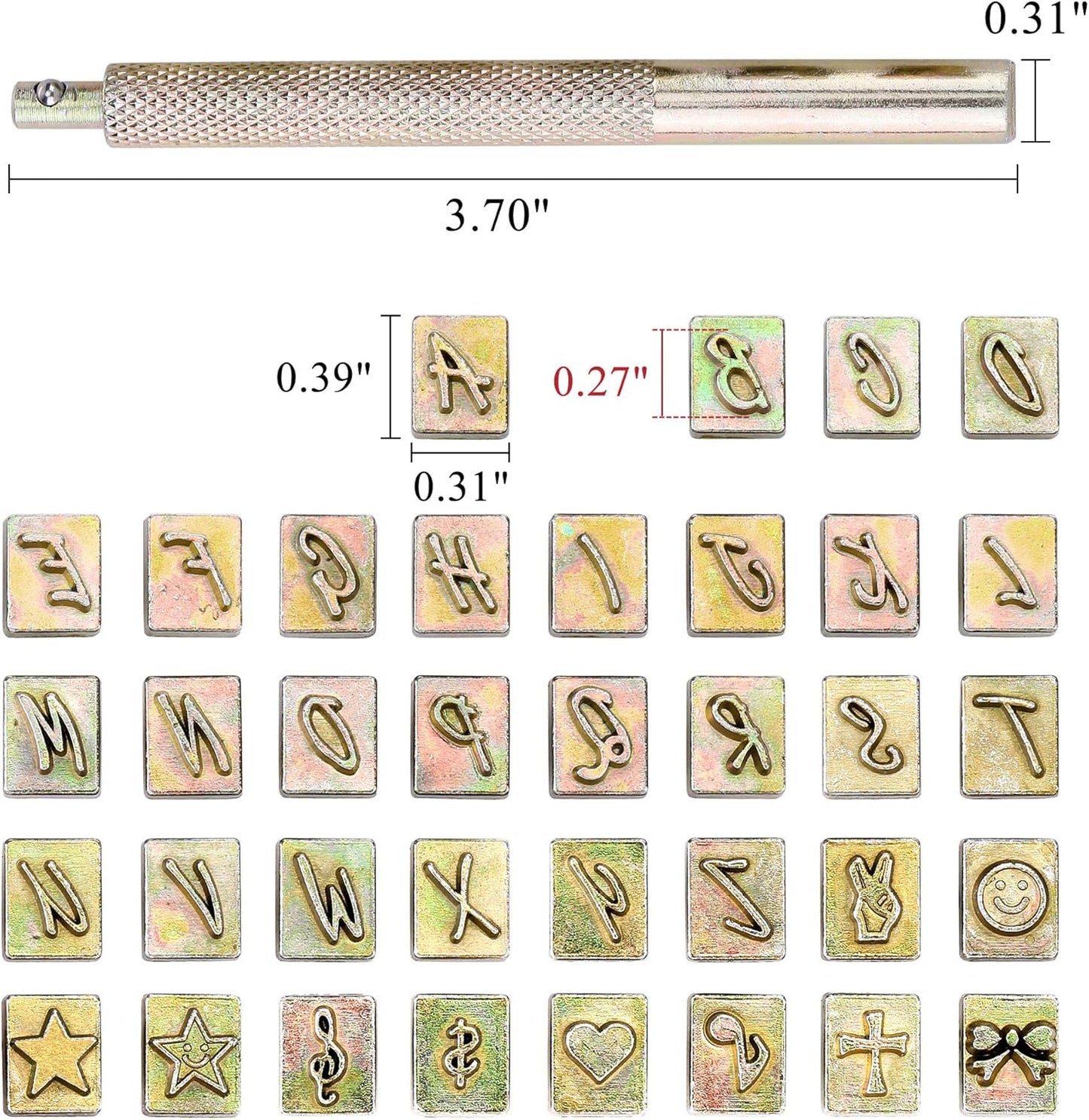 Yoption 37 Pieces Leathercarft Stamping Tool Set, 26 Letters Alphabet & 10 Patterns Stamping Tool 6mm +1 Stamping Handle for Leather Craft