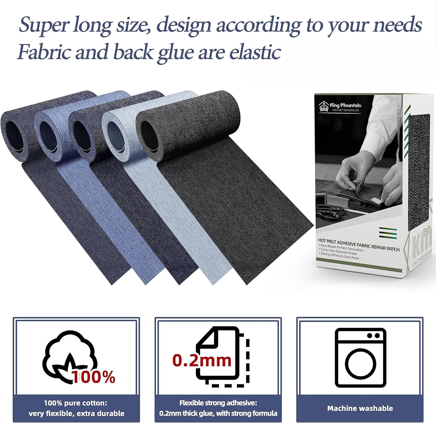 KING MOUNTAIN Iron-on Repair Patch,3"x60"100% Cotton Denim Iron-on Repair Patch, Jeans and Clothing Repair and Decoration Kit (Black)