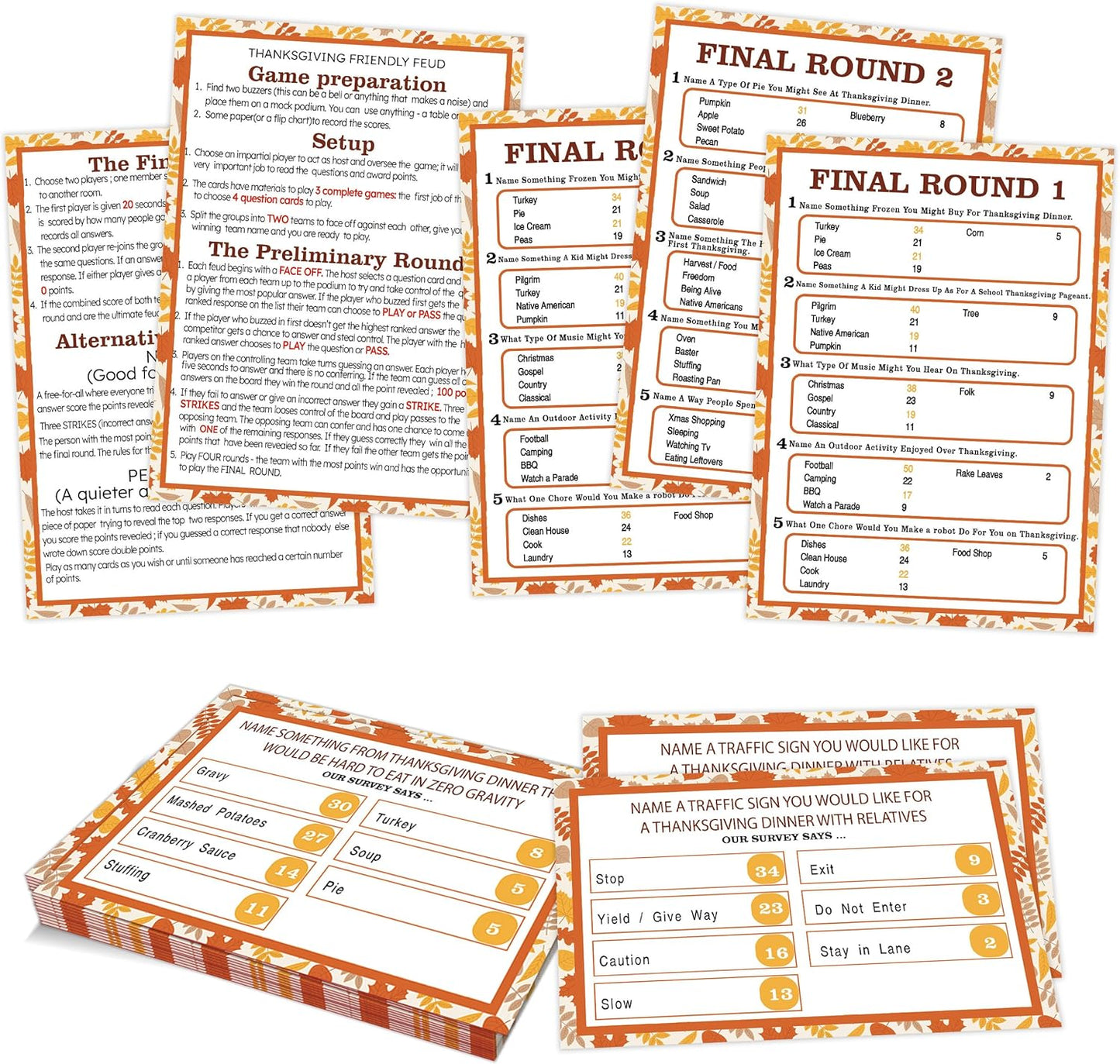 Thanksgiving Family Feud Game, Thanksgiving Party Games for Adults, Friendly Feud Quiz for Family Game Night Funny Trivia for Office Groups, 12 Question Game Cards and 3 Final Round Cards, 01