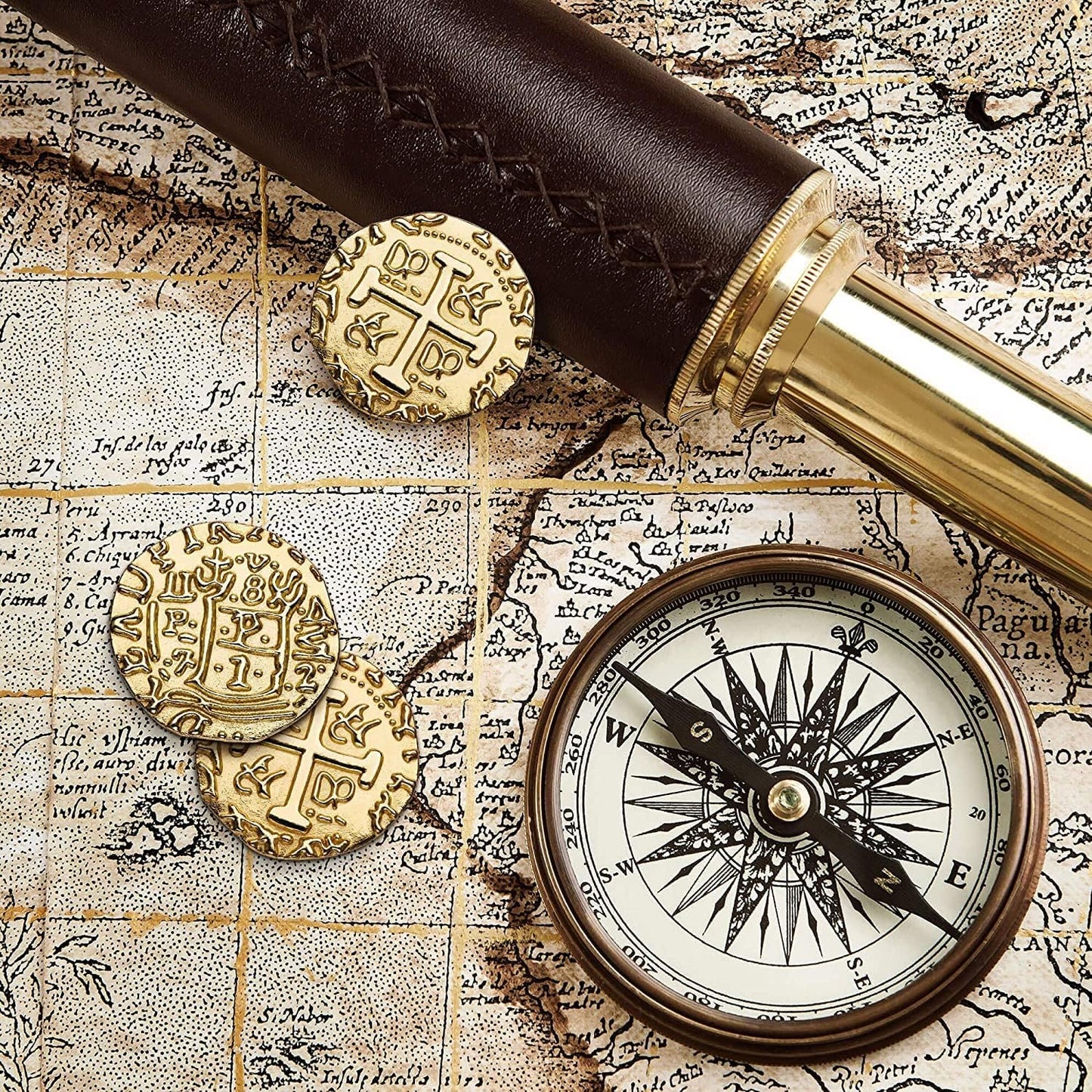 Large Metal Pirate Coins - 36 Bronze, Silver, Gold & Rose Gold Treasure Coin Set, Metal Replica Spanish Doubloons for Pirate Party Decorations & Favors, Tokens, Toys, Cosplay, Treasure Chest