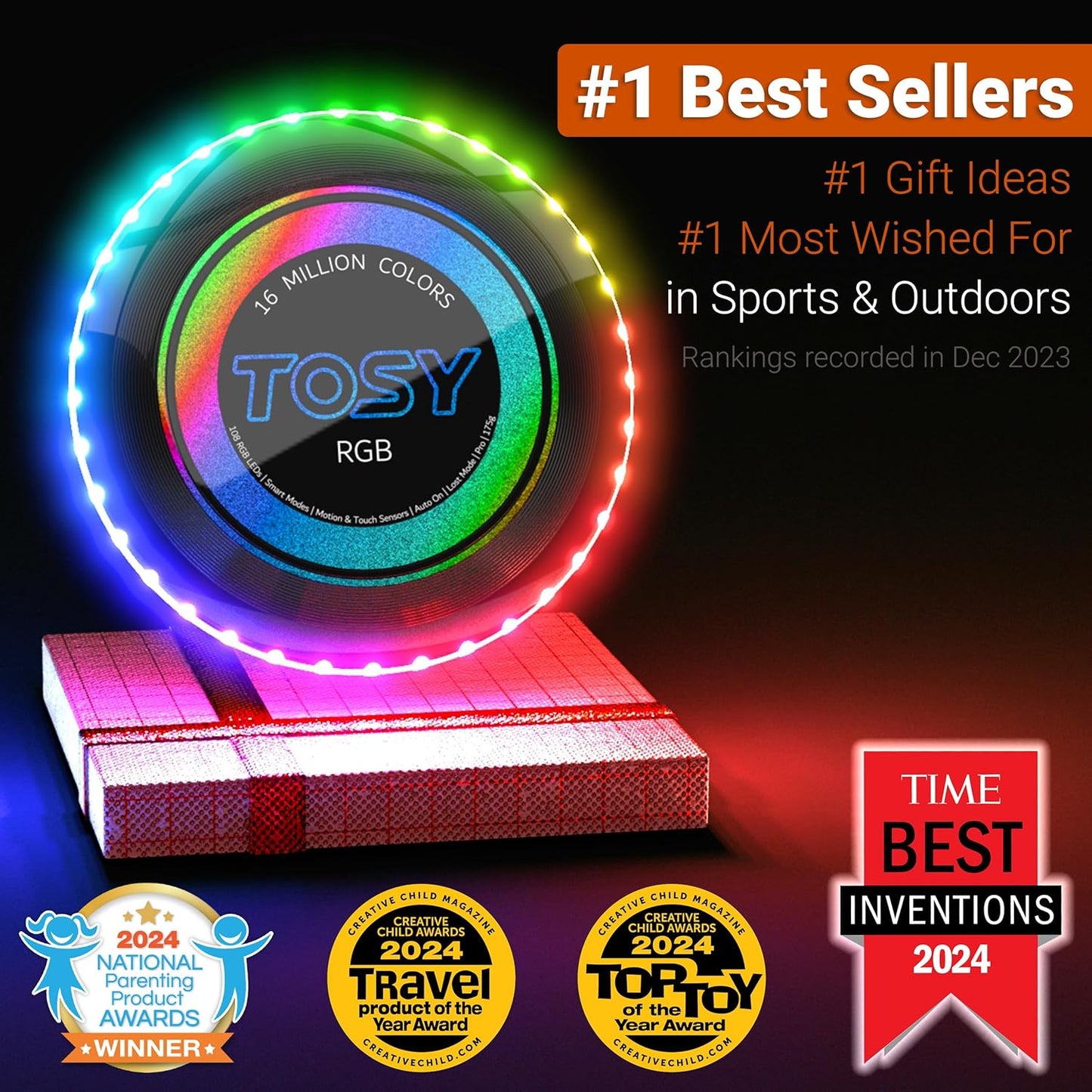 TOSY Flying Disc - 16 Million Colors RGB or 36 LEDs, Extremely Bright, Smart Modes, Camping Essentials for Teens/Kids/Adults/Men/Boys/Girls, Auto Light Up, Rechargeable, Waterproof, 175g
