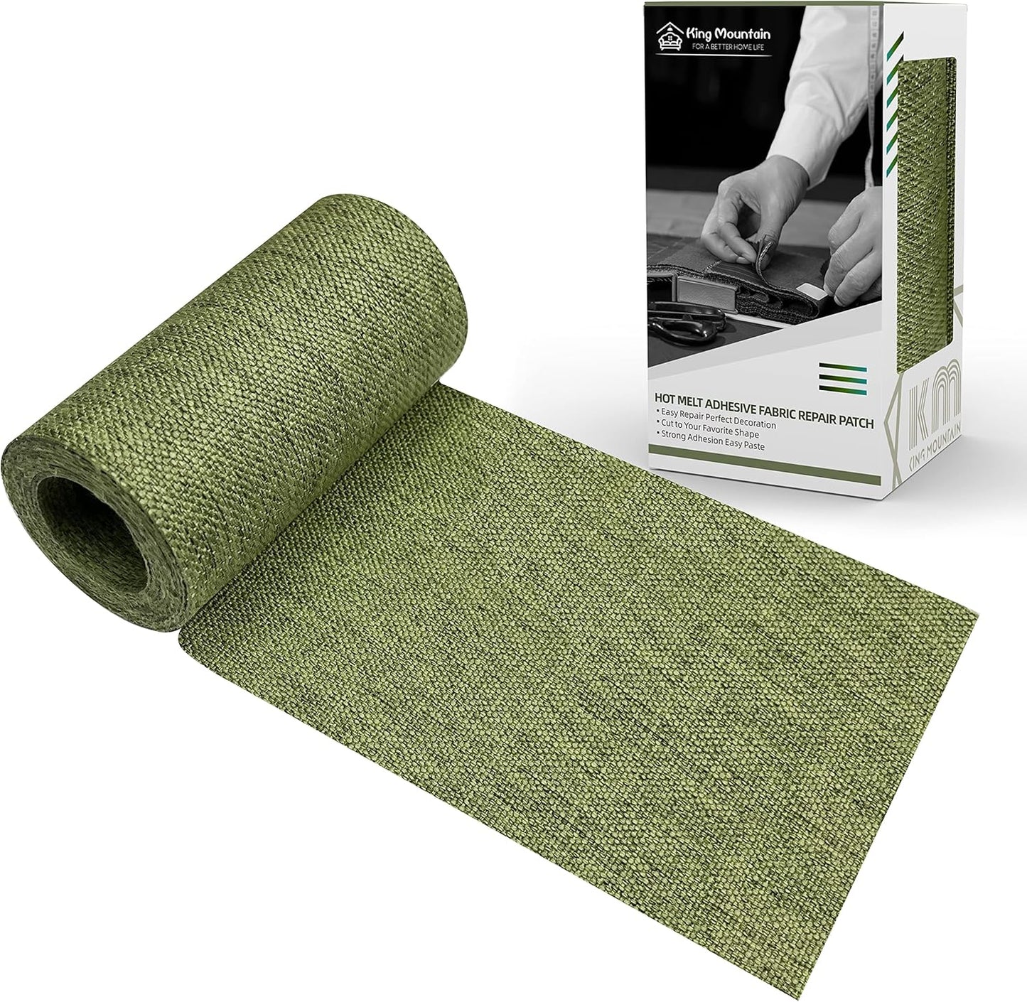 King Mountain Premium Linen Fabric Iron-on Repair Patch Kit, 3"x60" with Backing Glue, Decorative Patch for Inside & Outside Fabric Repair (Linen, Grass Green)