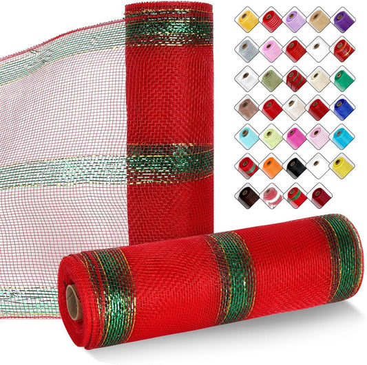2 Rolls Mesh Ribbon for Wreaths 10 Inch x 30 Foot Wreath Mesh Rolls with Metallic Foil for Easter Christmas Party Wedding Home Decor DIY Craft Projects and Gift Wrapping (Red/Green)
