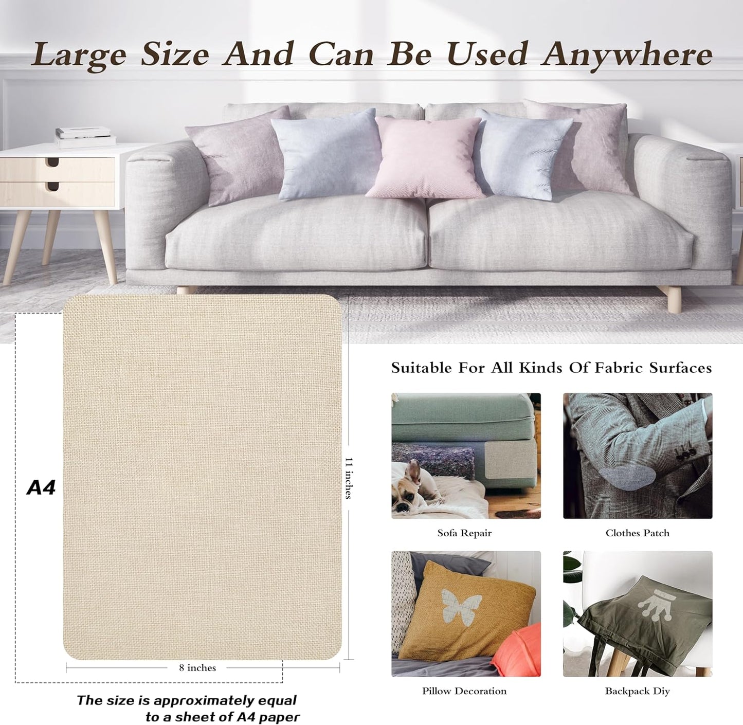 Coarse Linen Repair Patches, Self-Adhesive Linen Fabric Patches, 8X11 inch 2 PCS, Multi Color, Can be Used for Linen Sofa Repair and Linen Clothes Repair(8" x 11"-2PCS,Light Beige)