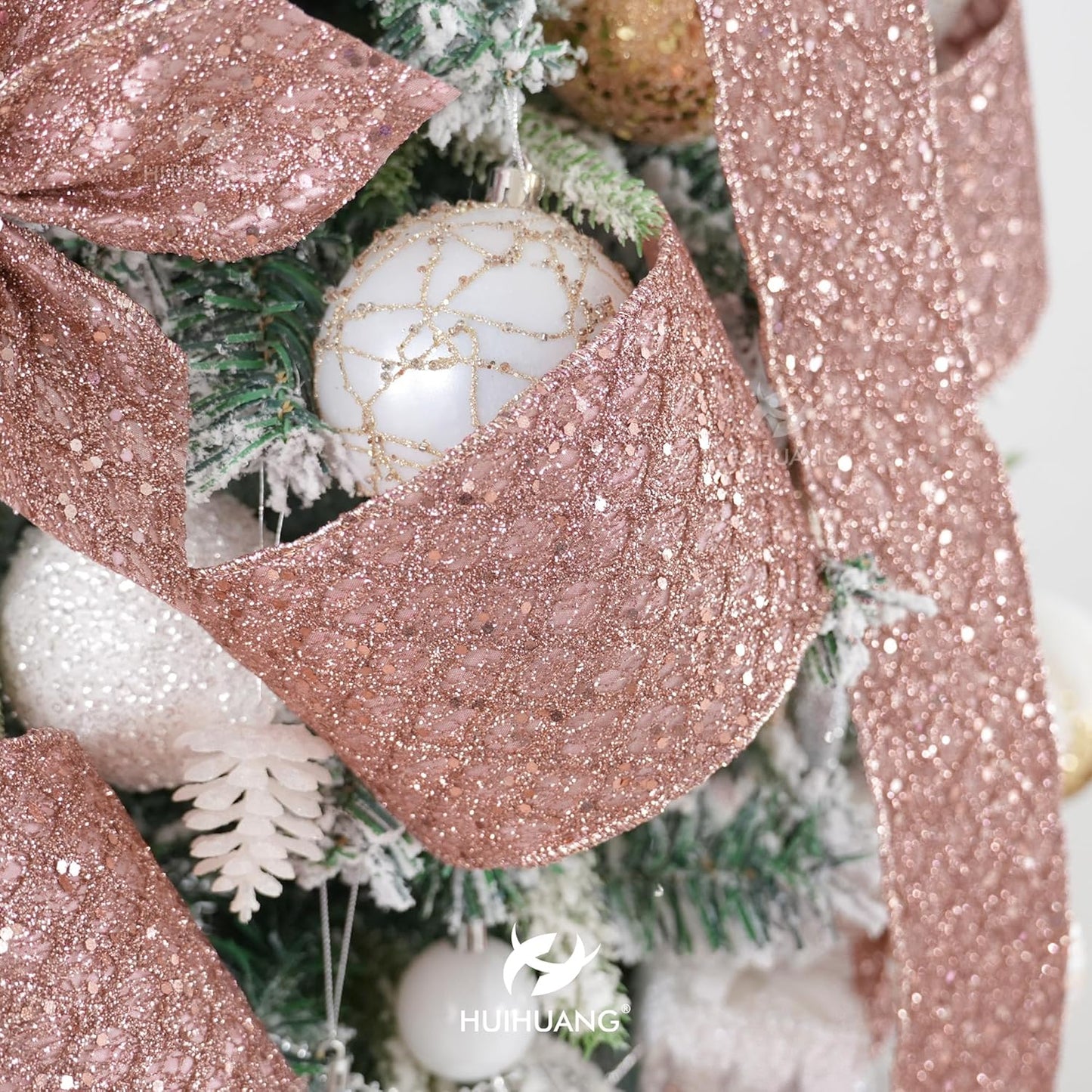 HUIHUANG Rose Gold Christmas Ribbon 4 inch Rose Gold Glitter Wired Ribbon Diamond Mesh Wire Ribbon for X-mas Tree Decorations, Wreaths, Garland, Large Bows Making, Home Decor -10 Yards