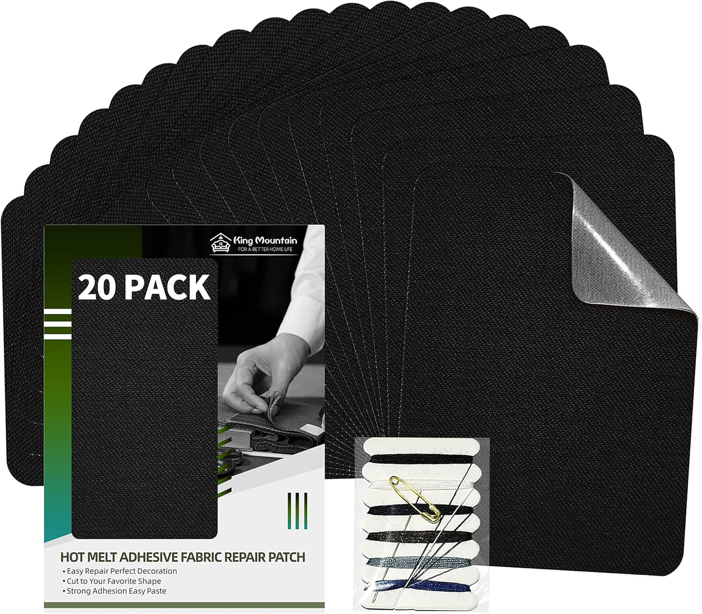 KING MOUNTAIN Iron-on Repair Patch 20 Pcs Pack,100% Cotton Iron-on Repair Patch,3" x4-1/4 with Back Glue Fabric Repair Kit,Repair Denim, Clothes and Fabric (Black1.0)