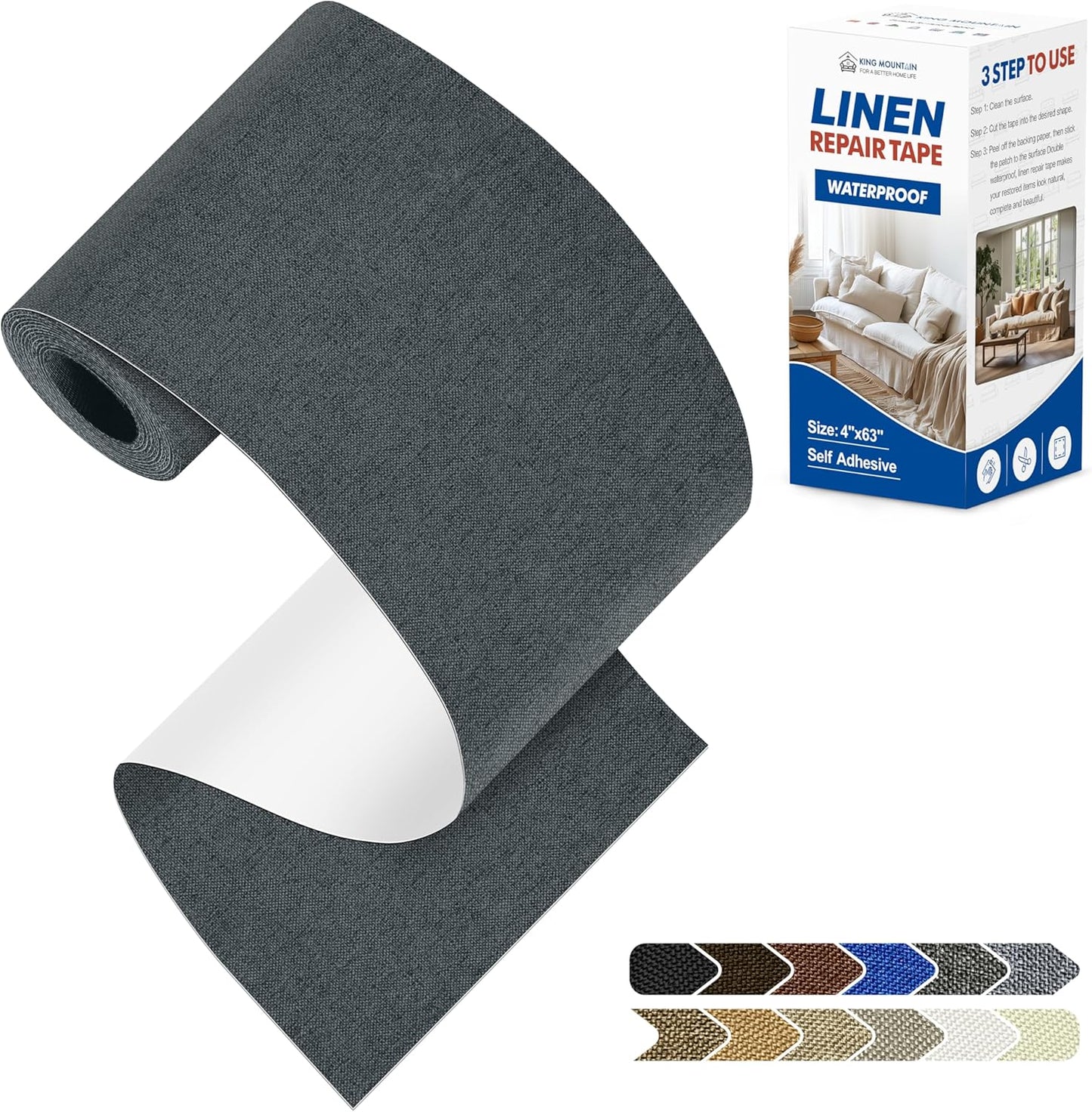 KING MOUNTAIN Linen Repair Patches, Self-Adhesive Linen Fabric Patches, 4 X 63 inch Extra Size, Multi Color, Can be Used for Linen Sofa Repair and Linen Clothes Repair (Charcoal Gray)