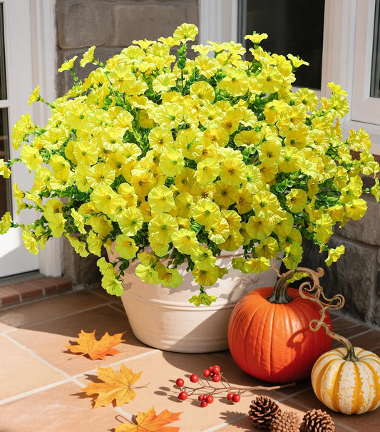 Fake Mums Fall Artificial Flowers Plants for Outdoors Autumn Decoration, 12 Bundles Yellow Silk Morning Glory with Eucalyptus Realistic UV Resistant Faux Flowers for Outside Planter Yard Garden Porch