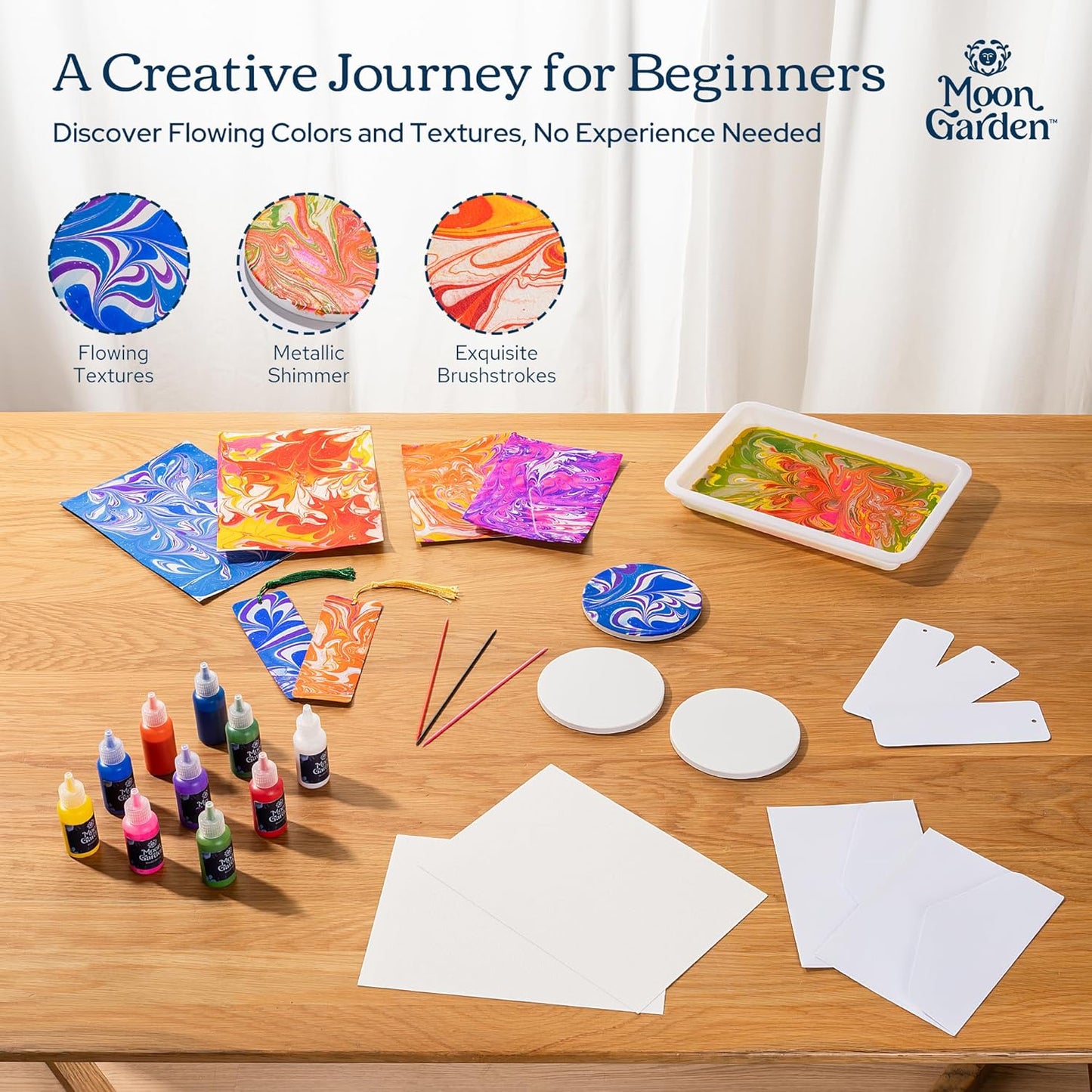 MoonGarden Marble Painting Coaster kit - Marble Painting Kit for Adults - 12 Color Paints, Ceramic Coasters, Bookmark Paper and Cardstock Paper - Relaxing and Creative DIY Activity