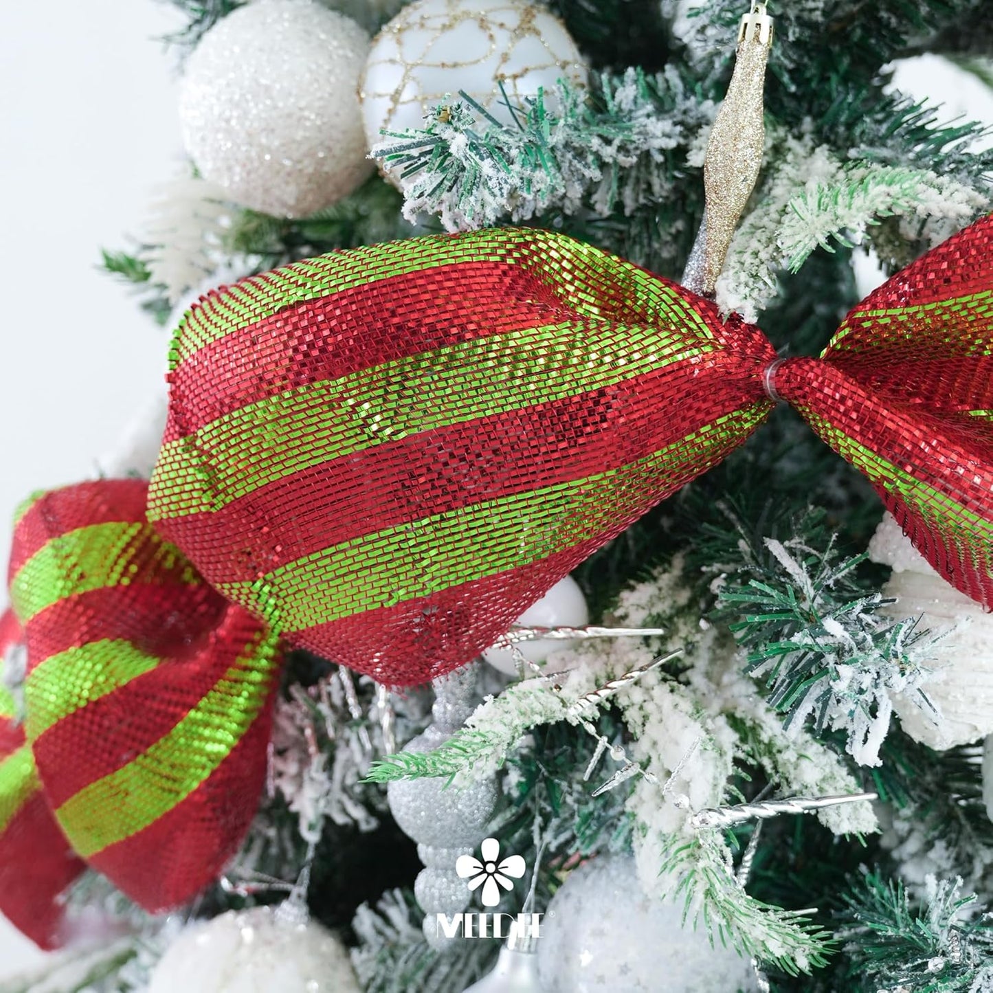 MEEDEE Red and Lime Deco Mesh 10 Inch Deluxe Foil Metallic Striped Deco Mesh Wreath Supplies Red and Green Christmas Mesh Ribbon for Christmas Tree, Garland, Gift Wrapping, Bows Making (30 Feet)