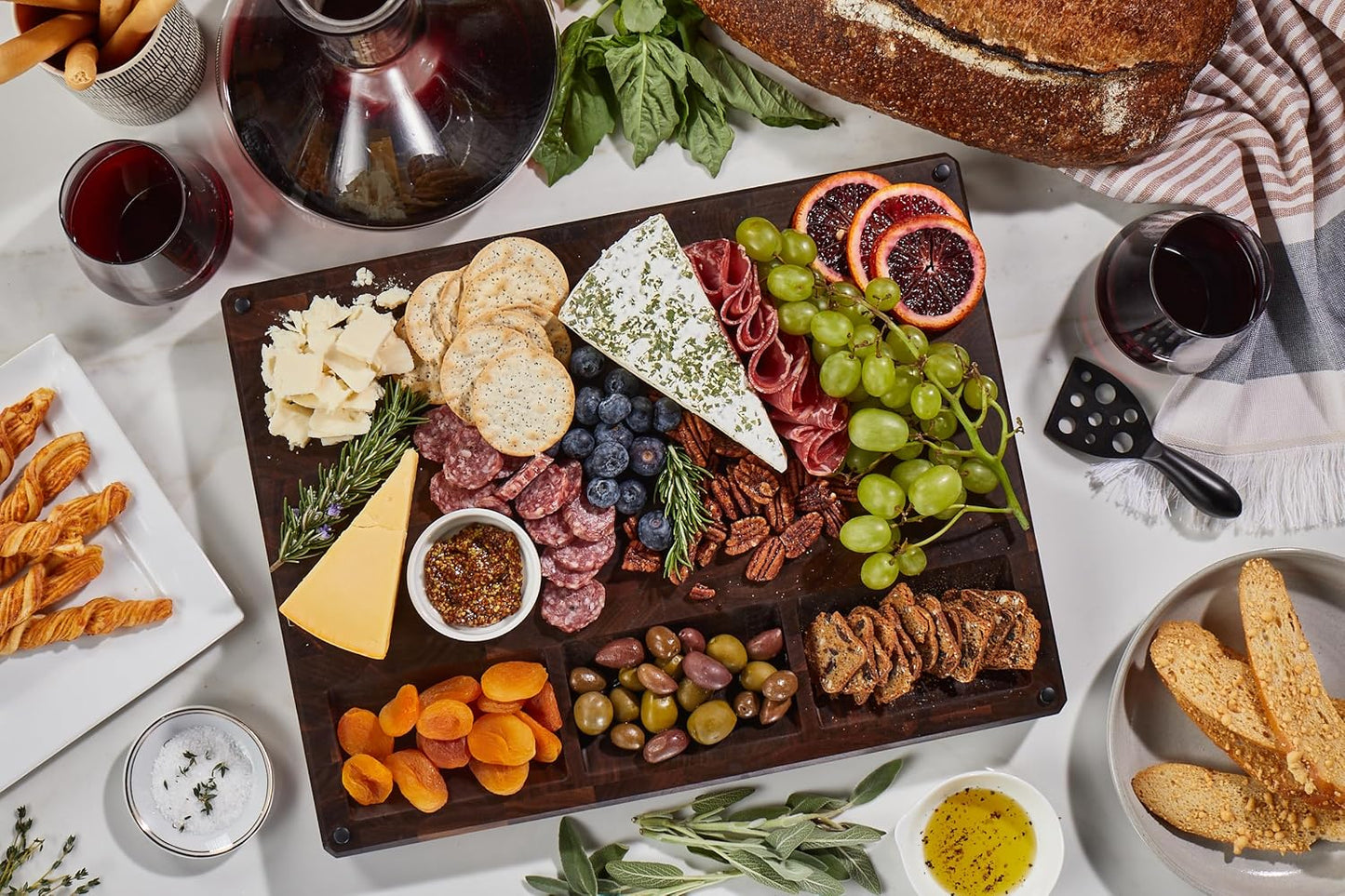 Sonder Los Angeles Alfred Cutting Board Made in USA | Black Walnut End Grain Cutting Board with Non-Slip Feet, Juice Groove, Sorting Compartments | Gift Box Included | 17x13x1.5 in