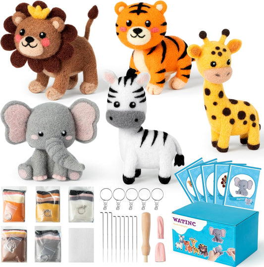 WATINC Needle Felting Kit - 5 Set Unique Different Cute Doll Wool Felt Needle Tools Foam Pad Instruction, DIY Home Decoration Craft Party Supplies for Art Work Starter Beginners (Wild Animal)