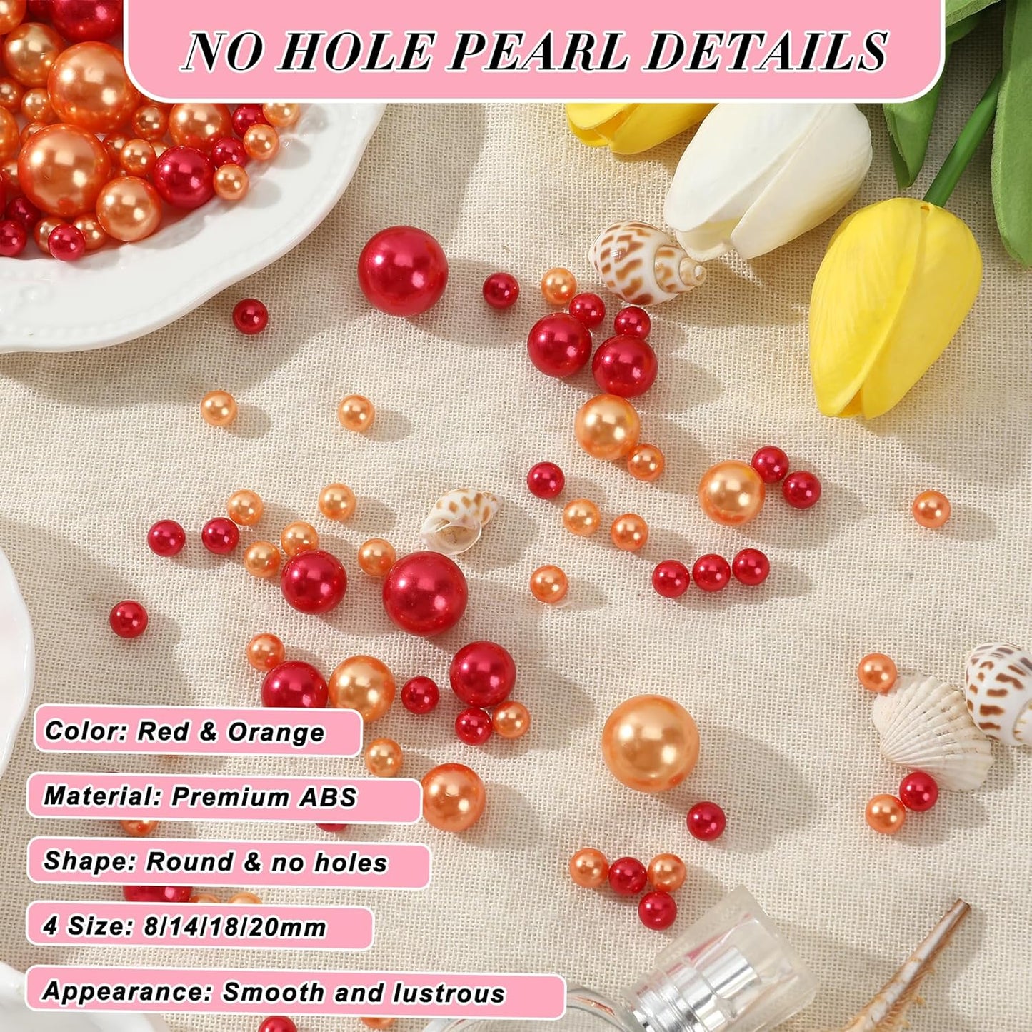 Pearl Beads No Hole Pearls for Crafting 180 Pcs Fake Pearls Faux Pearls for DIY Crafts Jewelry Making Vase Filler Floating Candle Wedding Birthday Party Home Decorations (Red & Orange, 8/10/14/20mm)