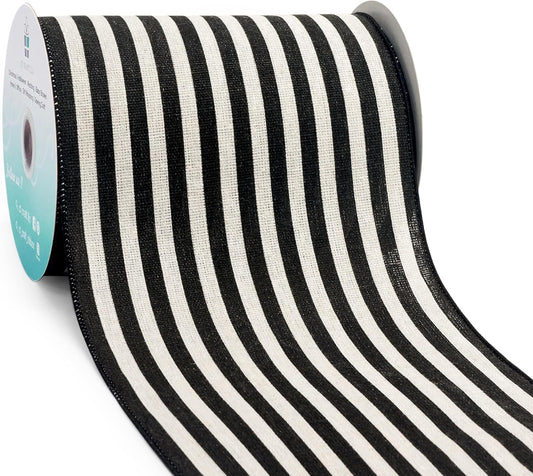 CT CRAFT LLC Striped Canvas Cotton Ribbon 6" x 10 Yards Ivory/Black Stripes for Thanksgiving Christmas Home Décor Gift Wrapping Outdoor Tree Topper Bow Wreath