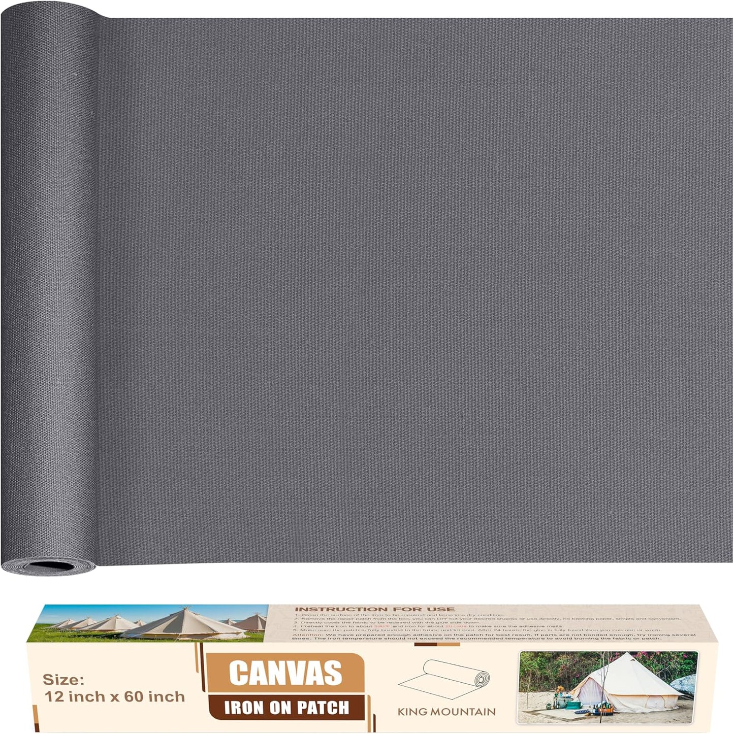 KING MOUNTAIN Canvas Iron on Patch,12"×60",Waterproof 100% Cotton Fabric Repair Patch,Used for Various Sofa,Tent,Clothes,Seats,Suitcases (Gray,Waterproof)