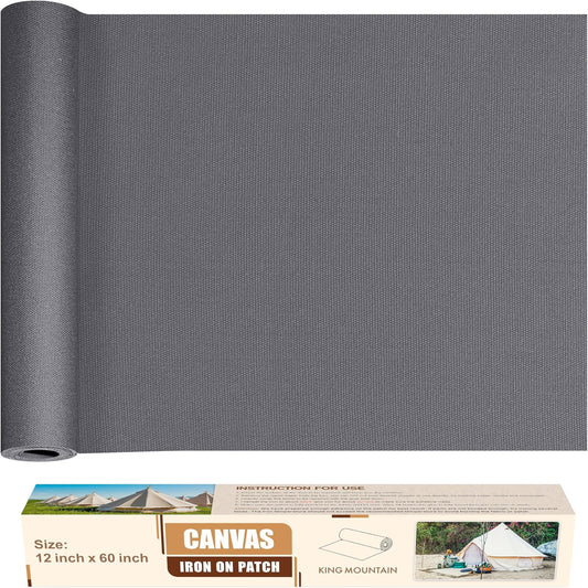 KING MOUNTAIN Canvas Iron on Patch,12"×60",Waterproof 100% Cotton Fabric Repair Patch,Used for Various Sofa,Tent,Clothes,Seats,Suitcases (Gray,Waterproof)