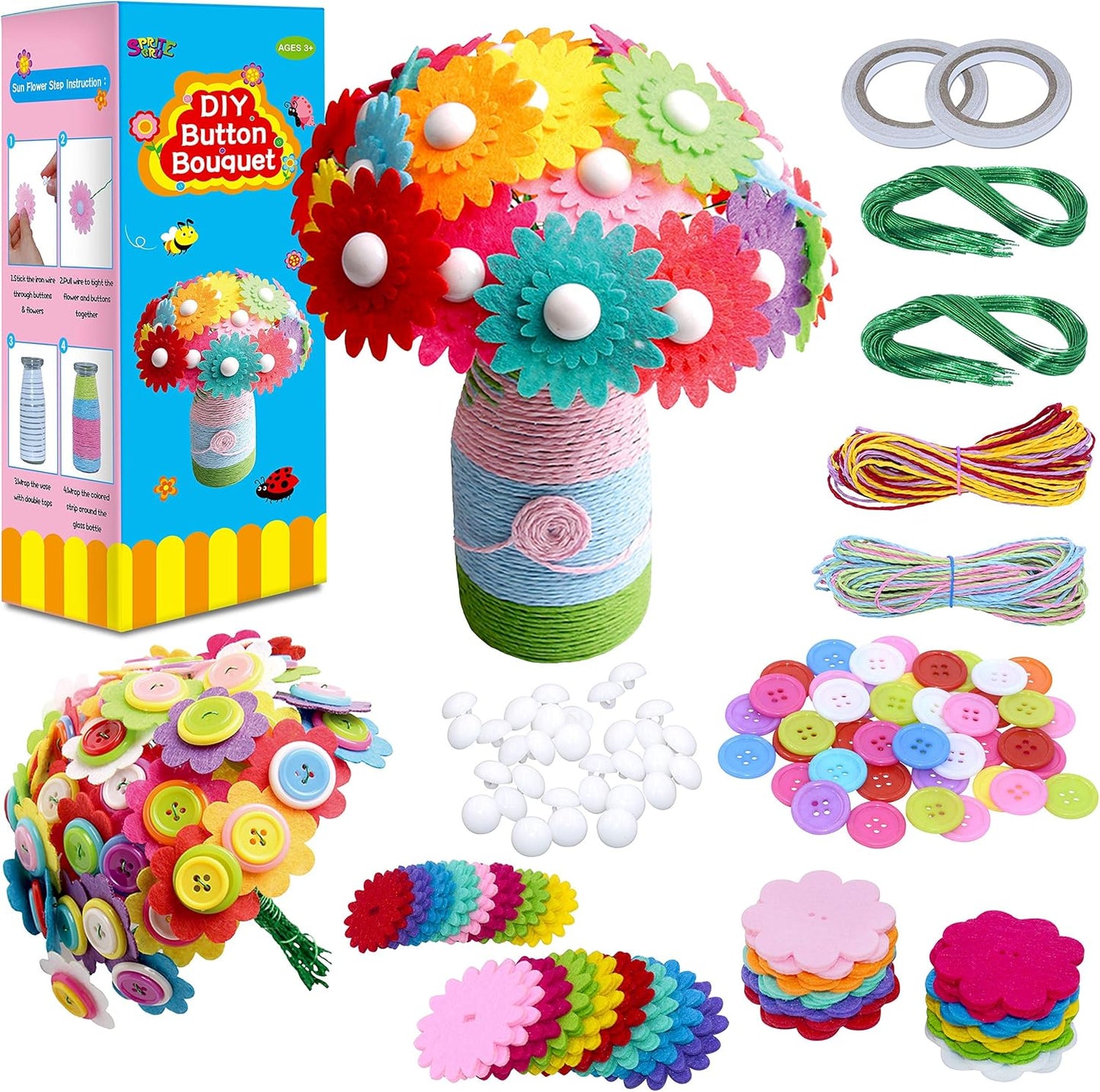 SpriteGru Flower Craft Kit for Kids,Make Your Own Flower Bouquet with Buttons,DIY Activity Gift for Boys & Girls Age 4 5 6 7 8 9 10 Year Old(2 Bouquets and 1 Glass Vase)