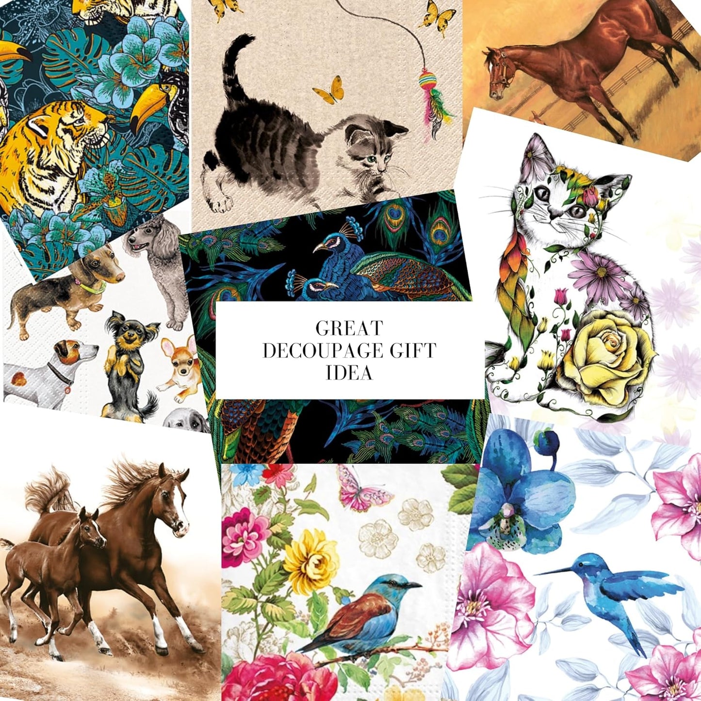 Mystery Pack Decoupage Paper Napkins, 20-ct Assorted Surprise Napkins, Decorative Napkins for Art Craft Junk Journal, Scrapbooking, 20 Different Animals Designs