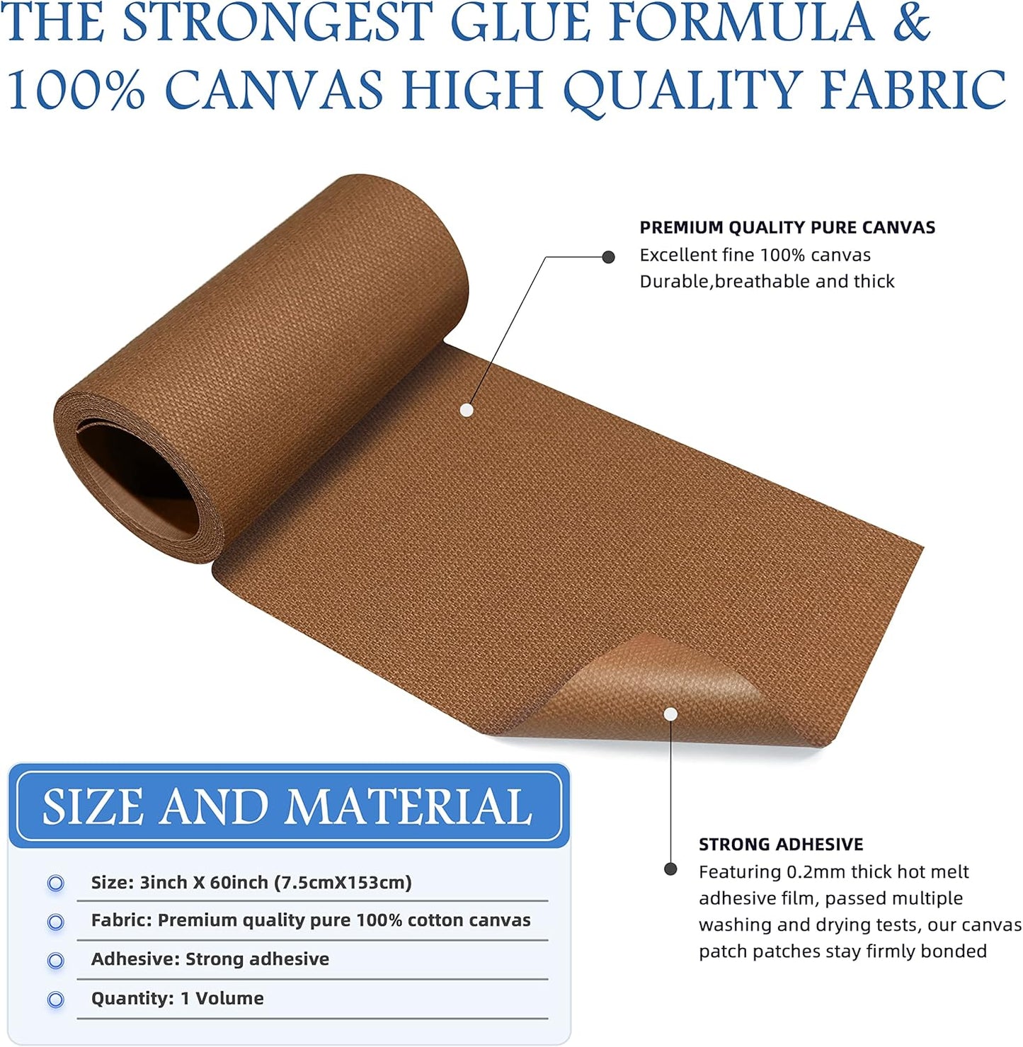 KING MOUNTAIN Canvas Iron on Patch,3"×60",Waterproof 100% Cotton Fabric Repair Patch,Used for Various Sofa,Tent,Clothes,Seats,Suitcases (Brown)