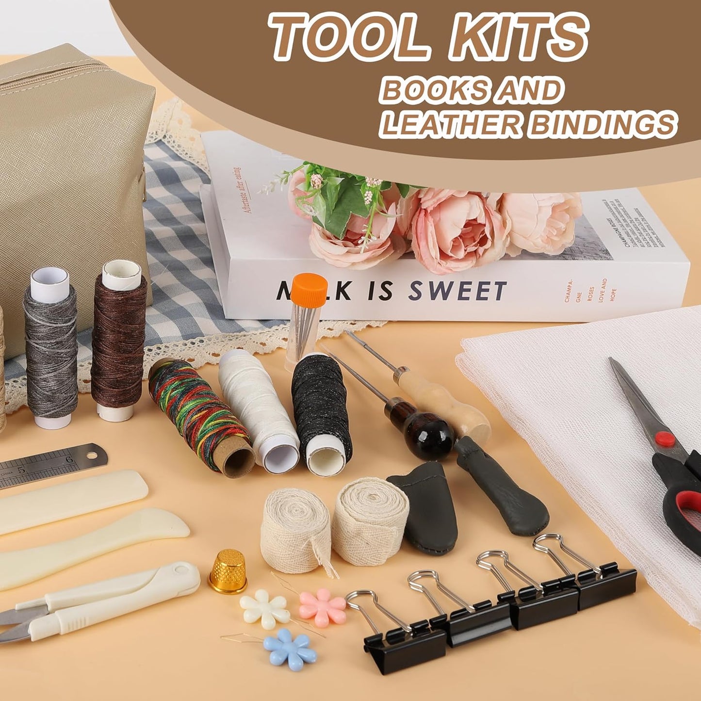 50 Pcs Book Binding Kits, 15"x11.4" Inch Wooden Book Press，Books Binding Materials, with Bone Folder, Awl, Needles for DIY Bookbinding, BookRepair, Handmade Crafts