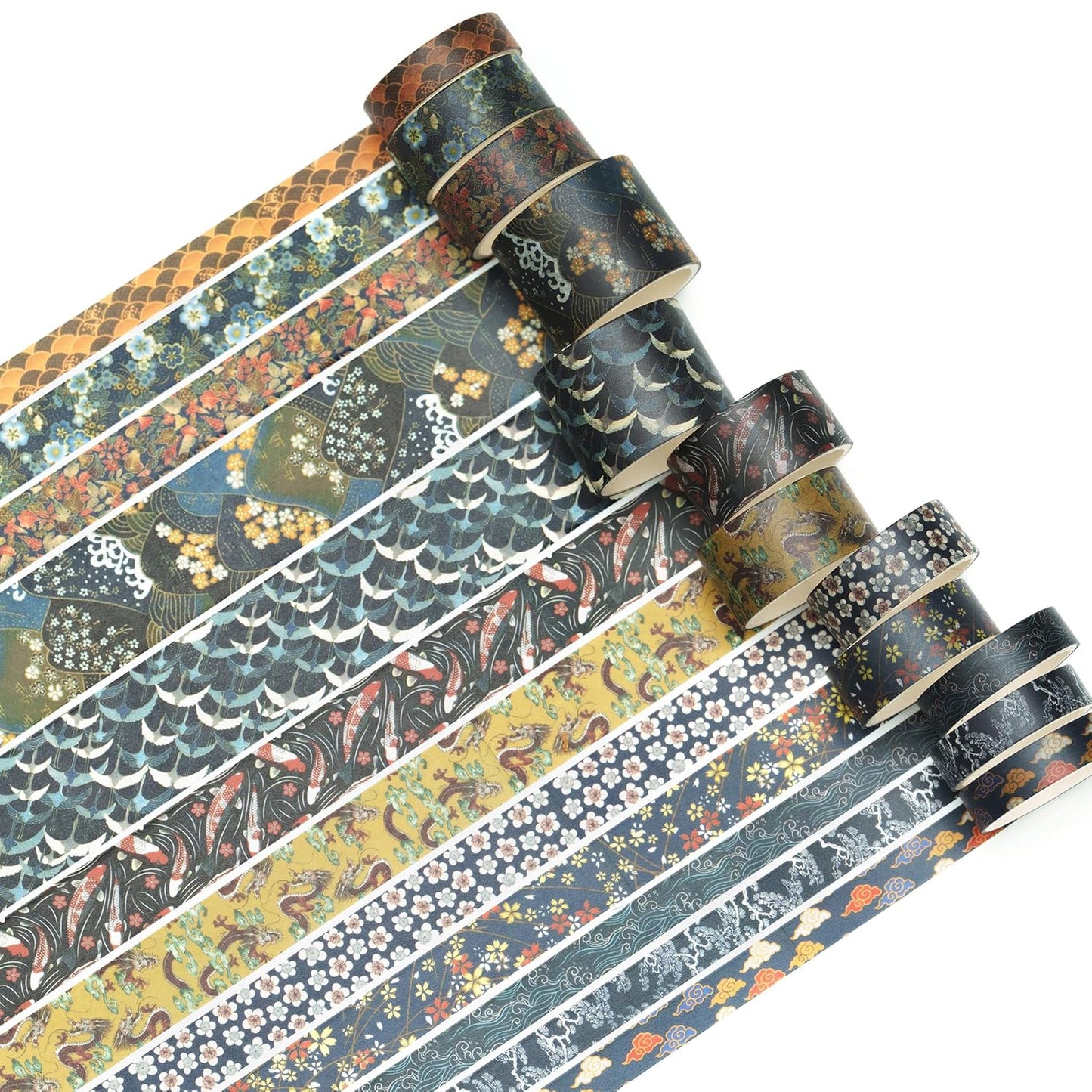 12 Rolls Kyoto Charm Washi Tape Set Japanese Arts Adhesive Tapes Geometric Garden Decorative Masking Tape Sets for Craft, Kids, Scrapbook, DIY, Gift Wrapping (Cerulean Showa)
