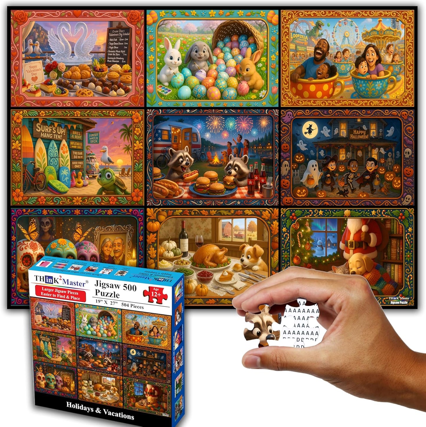 Think2Master Holiday Collage 500 Pieces Large Format Jigsaw Puzzle: Kids 12+, Teens, Adults & Families. A Year of Celebration an Excellent Present for Birthdays, Christmas. Size: 26.8” X 18.9”