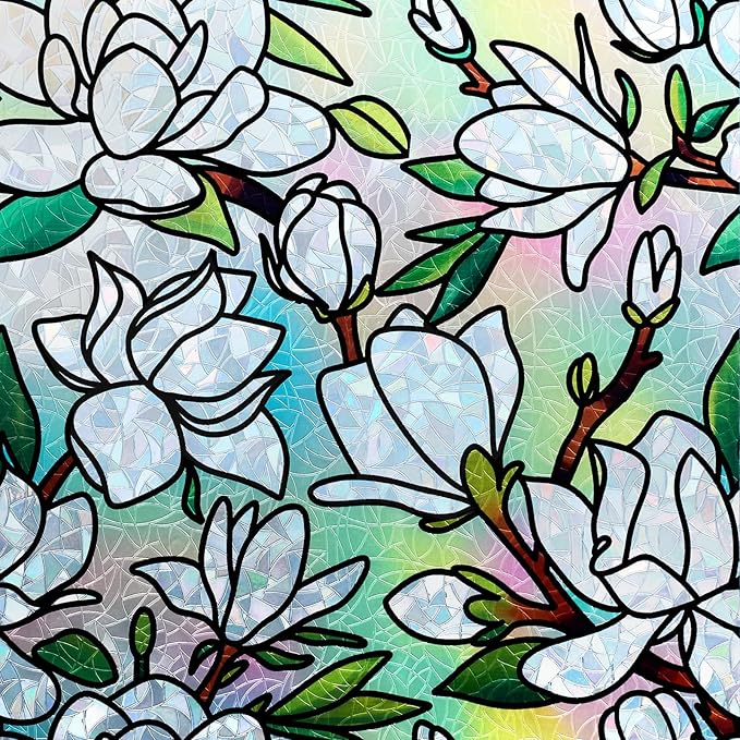 DKTIE Magnolia Pattern Stained Glass Window Film Floral Decorative Window Privacy Film with Rainbow Effect Front Door Bathroom Room Decor (S678, 17.7in X 78.7in)