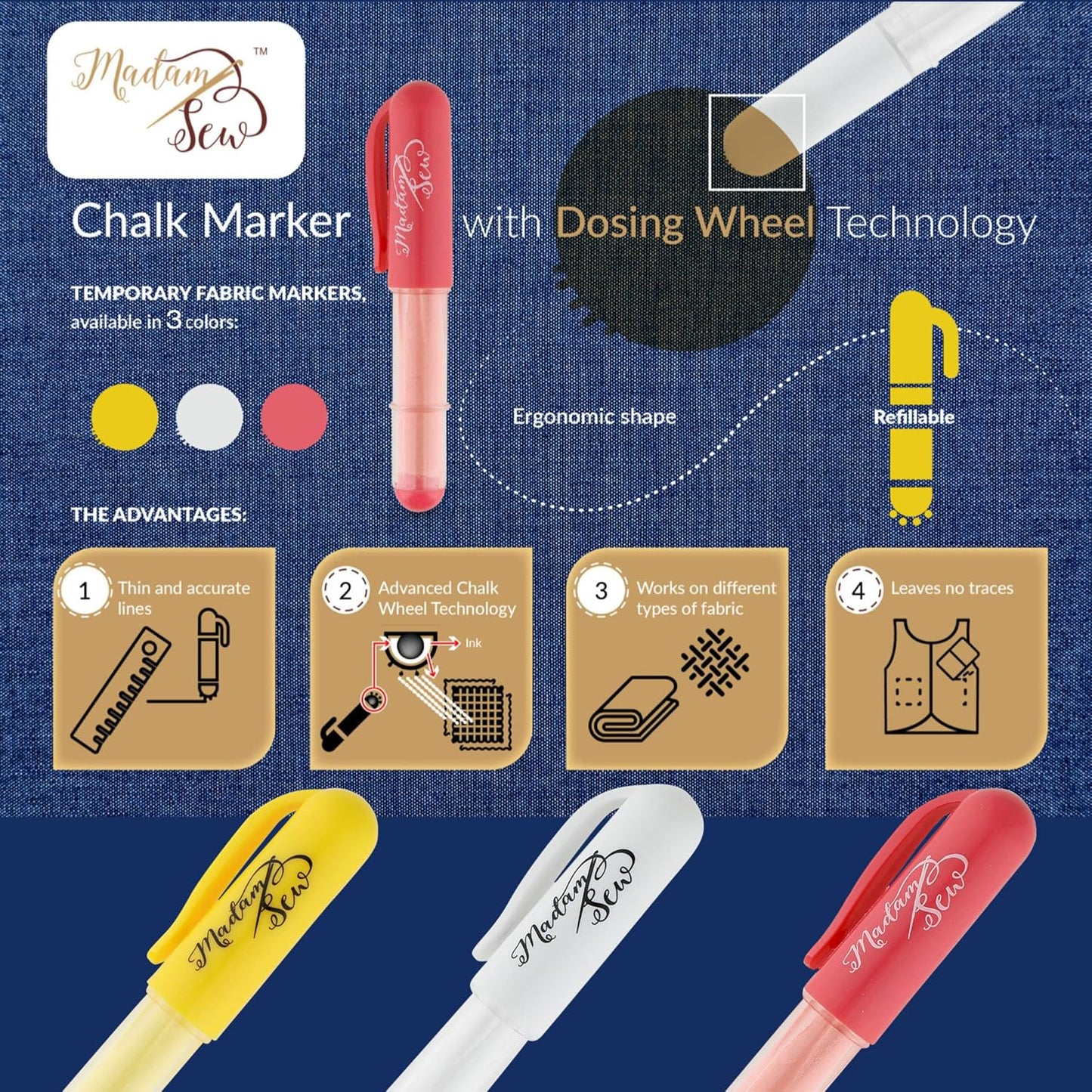 Madam Sew Fabric Chalk Markers for Sewing & Quilting | Refillable Tailors Chalk for Fabric Marking with Dosing Wheel | Ideal for Marking on Cotton, Knit, Suede (Yellow)
