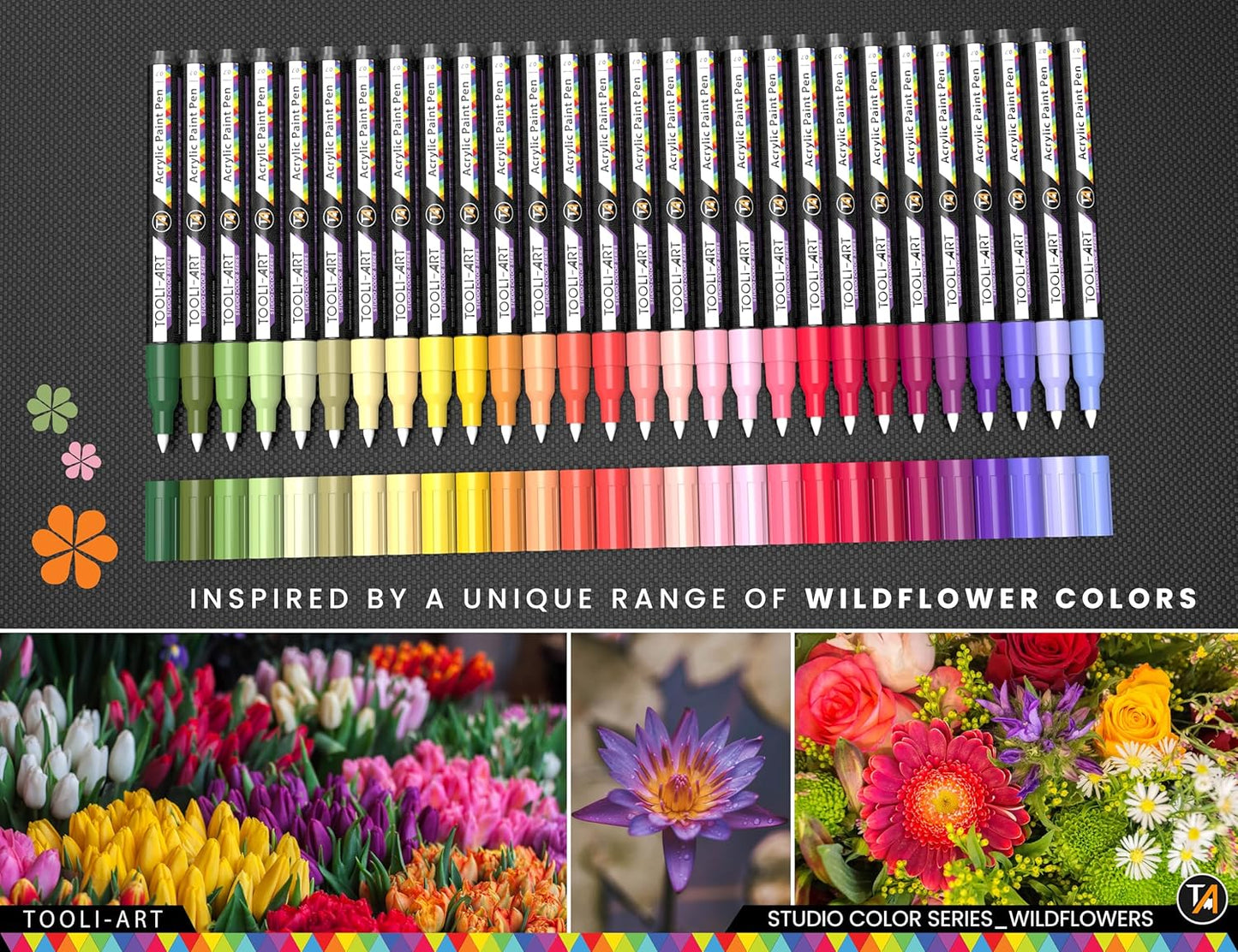 28 Wildflower Colors Acrylic Paint Pens Studio Color Series Markers Set 0.7mm Extra Fine Tip, Rock Painting, Glass, Mugs, Wood, Metal, Canvas, DIY, Detailing. Non Toxic, Waterbased, Quick Drying