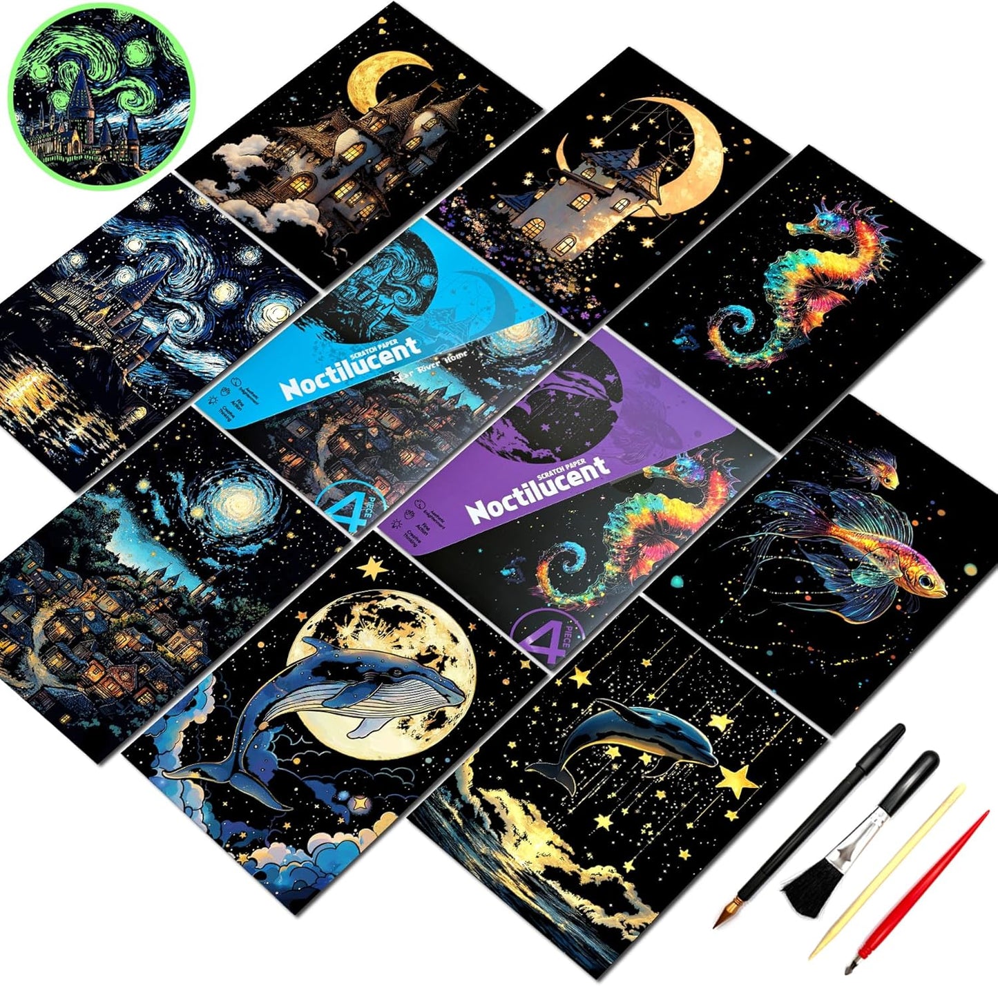 Scratch Paper Art for Adult-Glow in The Dark Scratch Painting Craft Kit (8 Sheets A5)|DIY Foil Engraving Art Set|Stress Relief Gift for Craft Lovers|Creative Scratch Art Home Decor(Marine & Castle)