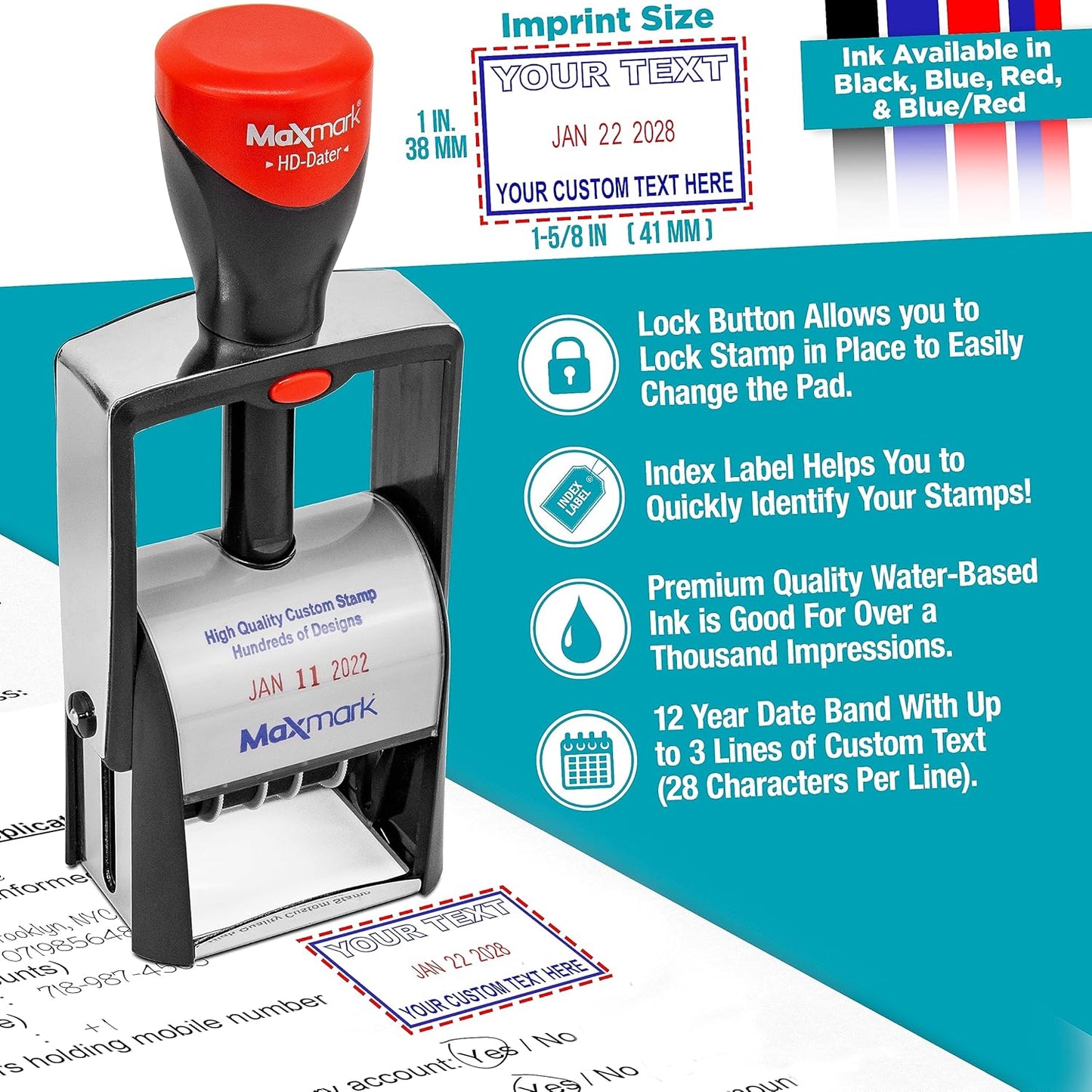 MaxMark Heavy Duty Self Inking Date Stamp with Phrase Completed - 2 Color Blue/Red Ink