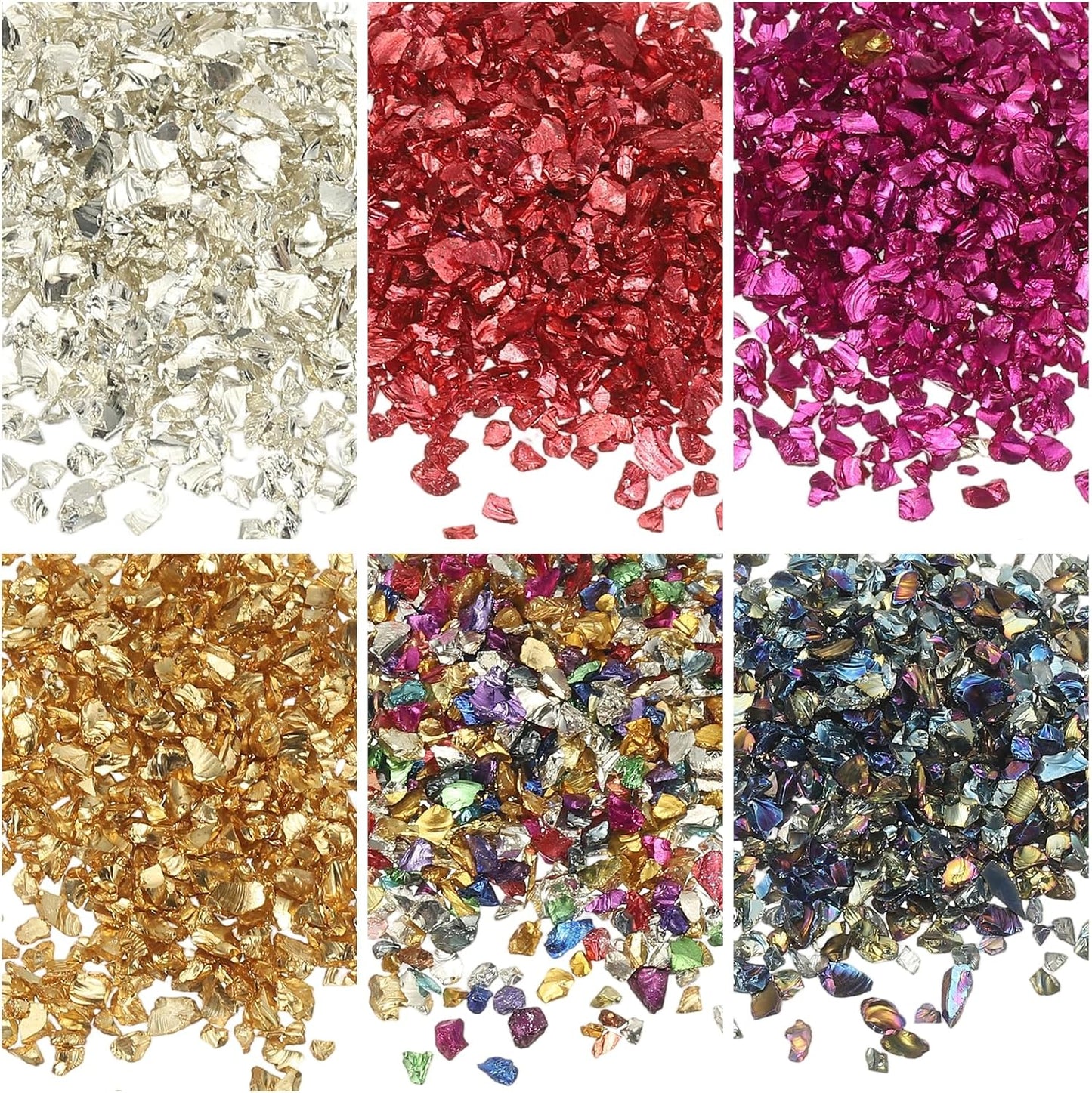 uxcell 6 Colors Crushed Glass Chips, 1-3mm Irregular Glitter Metallic Glass Broken Glasses Pieces with Laser Bag for Craft DIY Vase Epoxy Halloween Decoration 31.5g, Multicolored