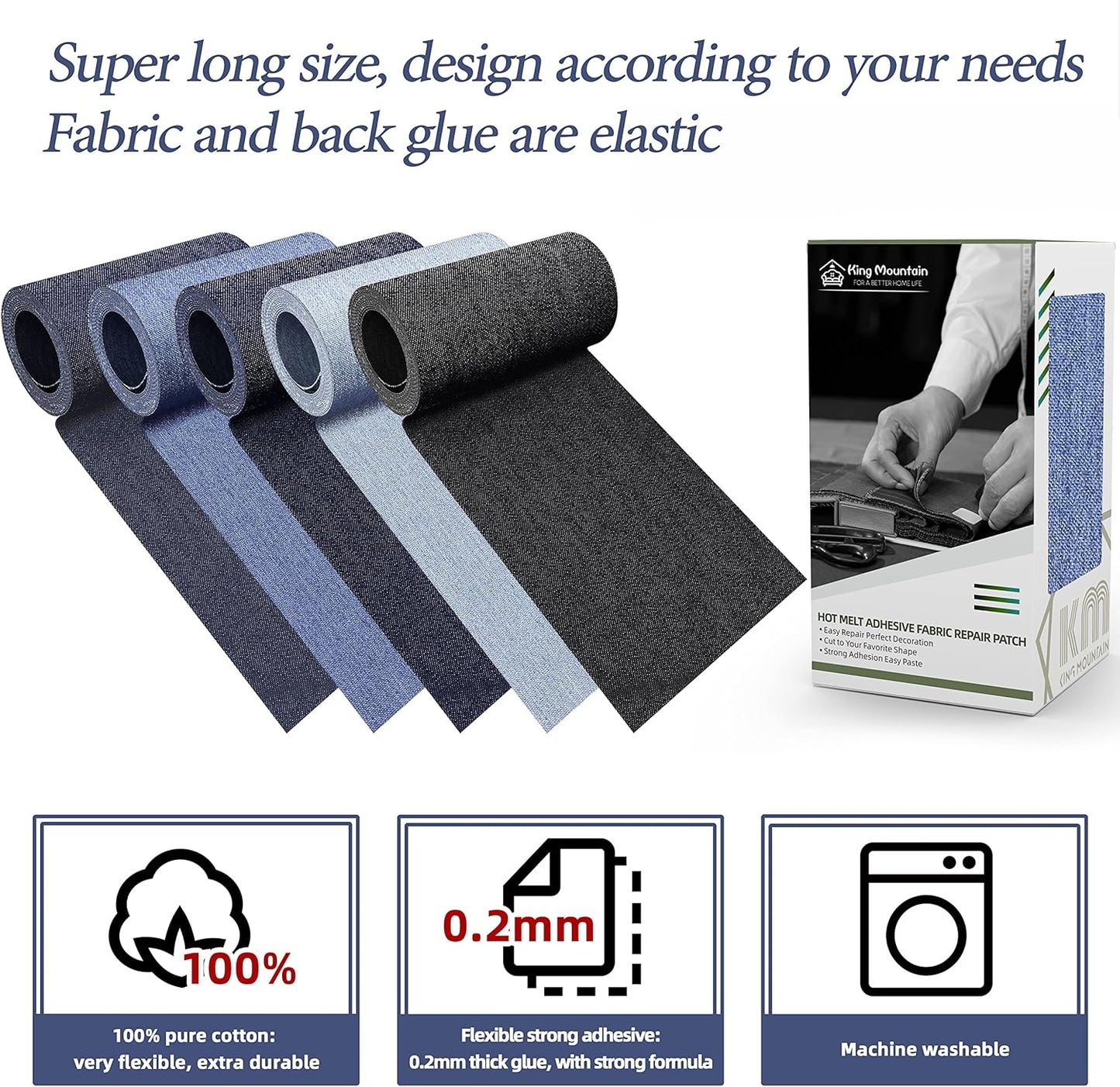 KING MOUNTAIN Iron-on Repair Patch,3"x60"100% Cotton Denim Iron-on Repair Patch, Jeans and Clothing Repair and Decoration Kit (Sky Blue)