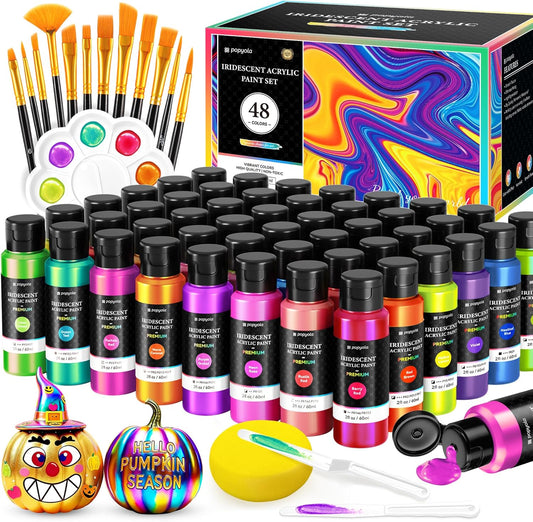 64 PCS Iridescent Acrylic Paint Set with 12 Brushes, 2 Knives & Palette, 48 Colors (2oz/60ml) Art Craft Paint for Adults Kids Artists Beginners, Halloween Pumpkin Canvas Ceramic Rock Painting Kit