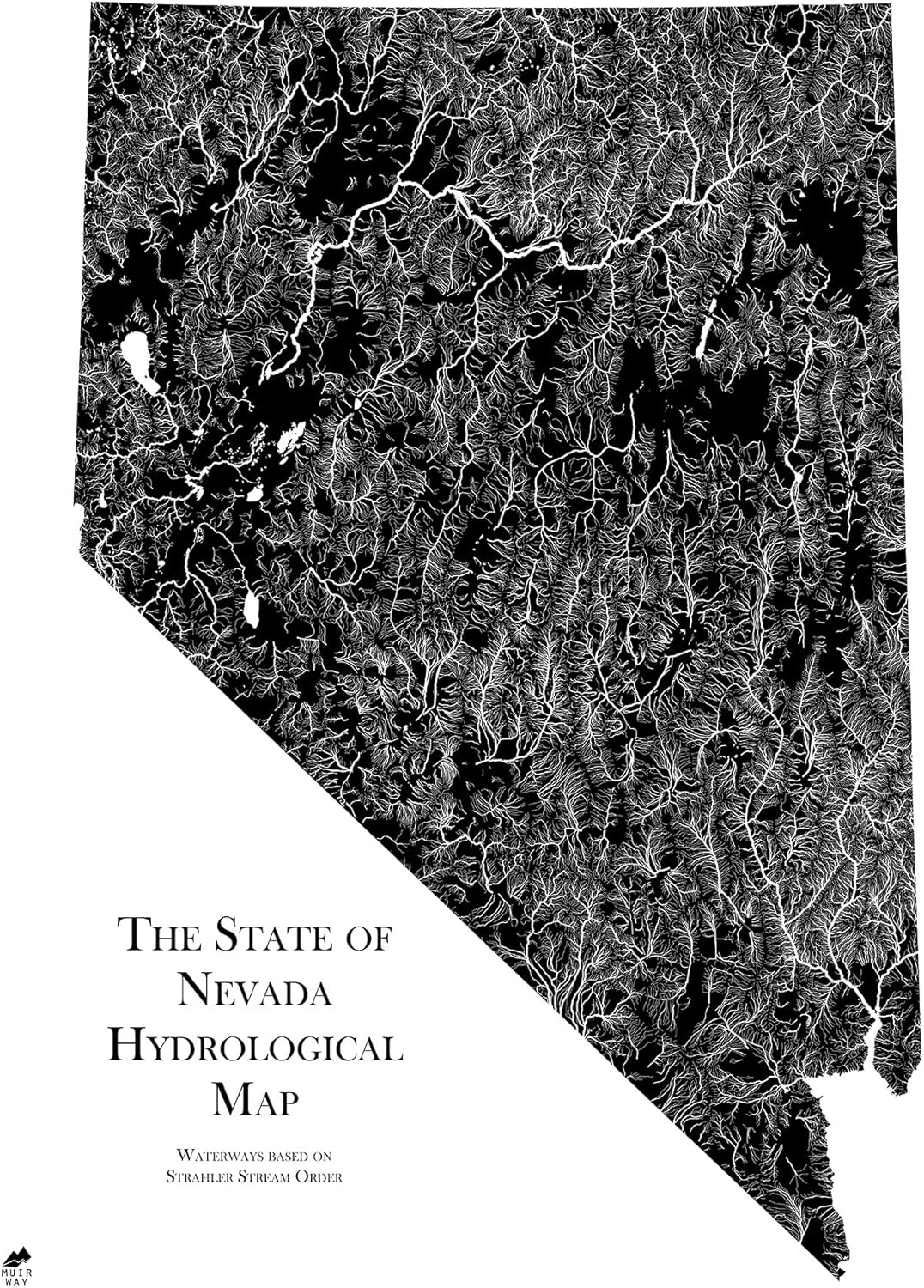 Muir Way Hydrological River Map of Nevada - Watershed Topographic Wall Art for Home, Office, or Travel Decor - Unframed Flat Paper Print, 24x30
