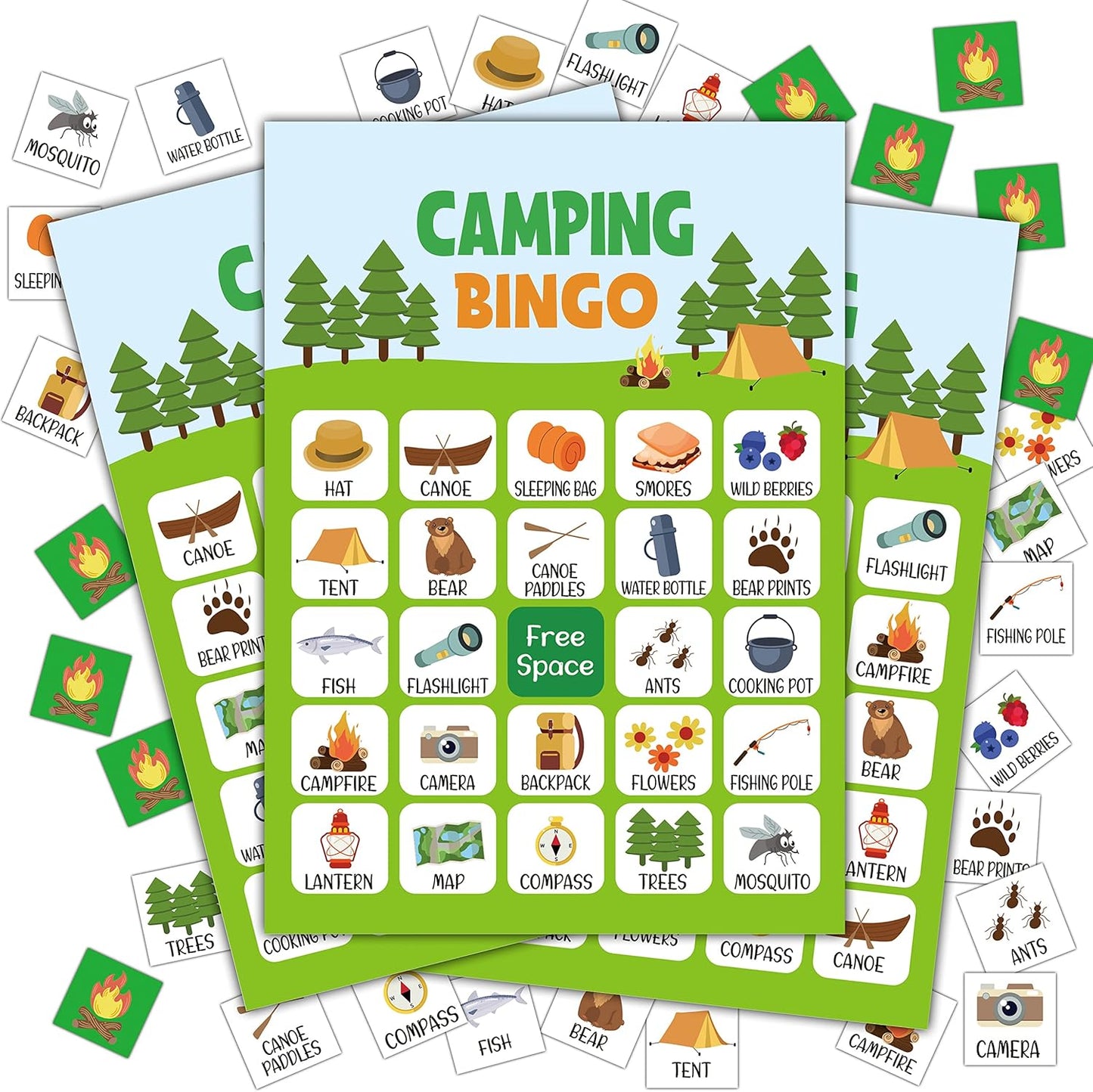 Camping Bingo Game - 24 Player Outdoor Activity for School Parties, Birthdays and Nature Parties