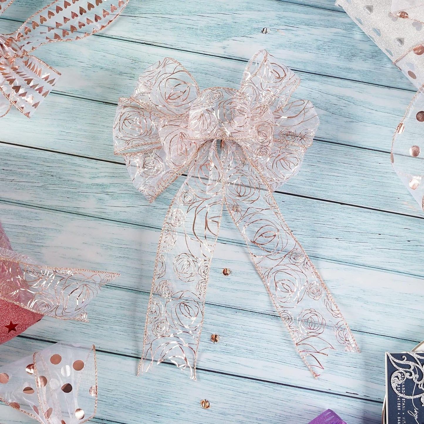 MEEDEE Floral Rose Wired 2.5 Inch Rose Gold Organza Sheer Ribbon, Wedding Bouquet Ribbon, 25 Yards Roll, Pink, For Crafts, Valentine Bow Making, Decor